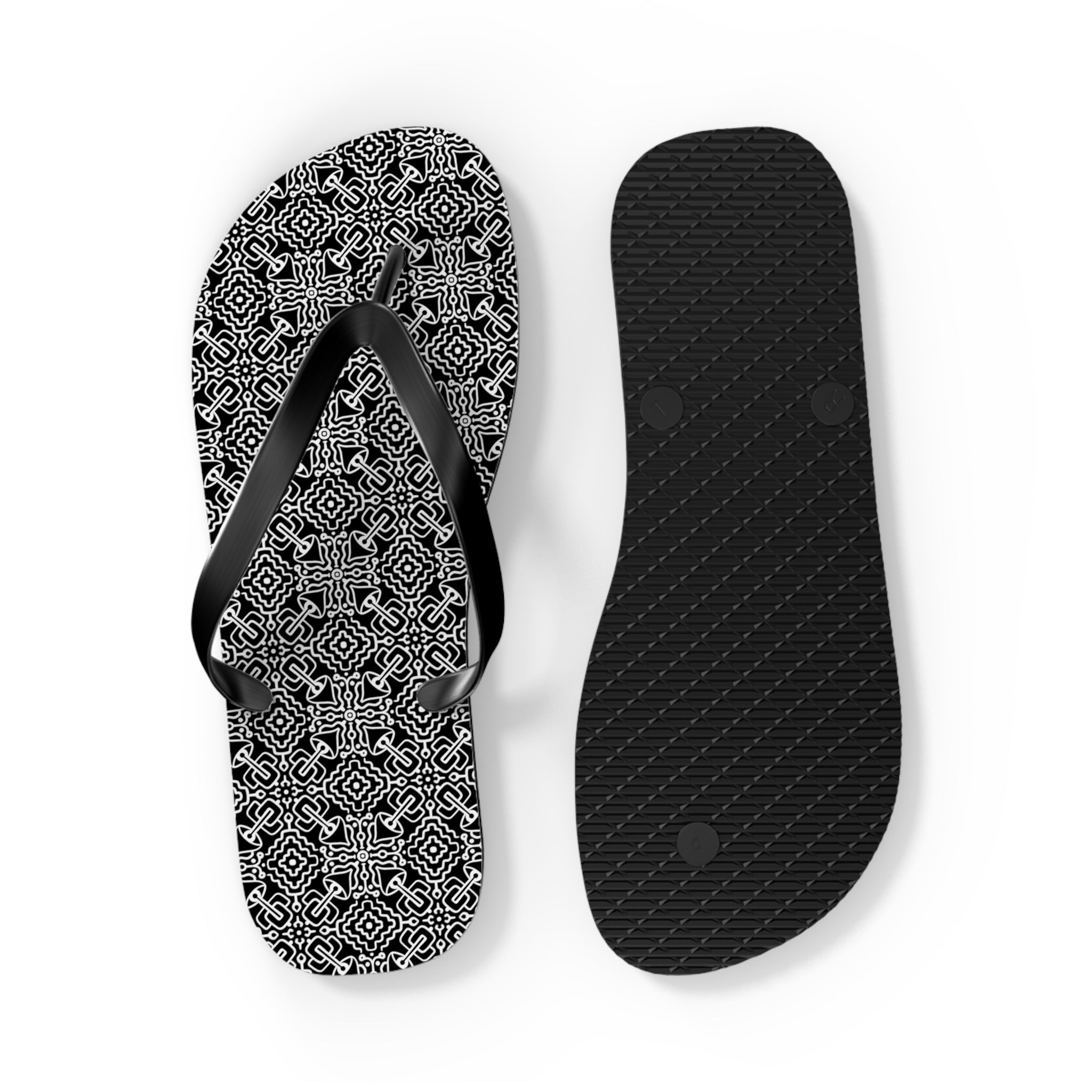 Monochrome Geometric Flip Flops — Black & White Aztec Pattern Beach Sandals #d98646