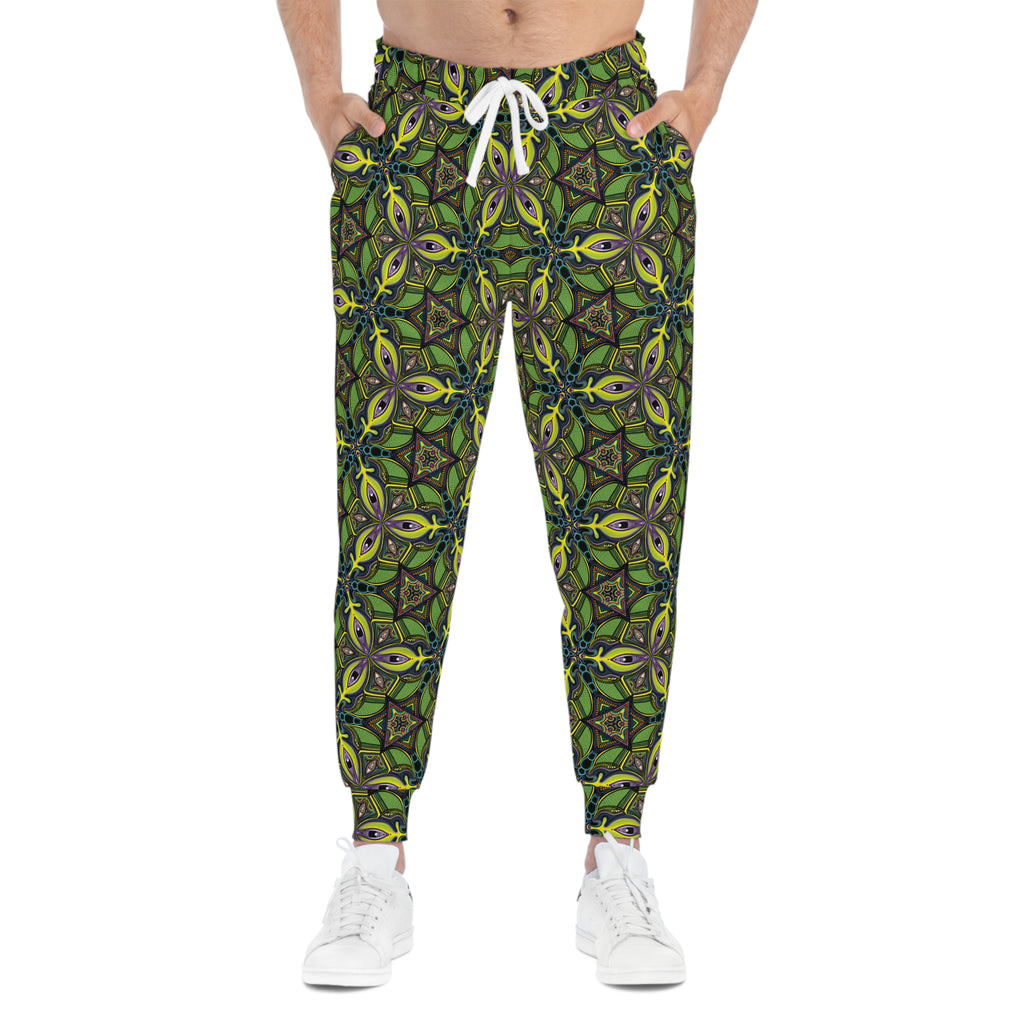 Green Kaleidoscope Athletic Joggers — All-Over Print Patterned Sweatpants #ja789