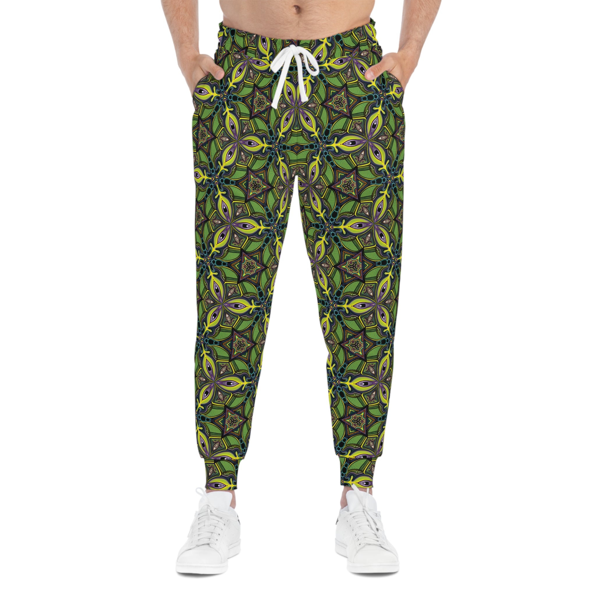 Green Kaleidoscope Athletic Joggers — All-Over Print Patterned Sweatpants #ja789