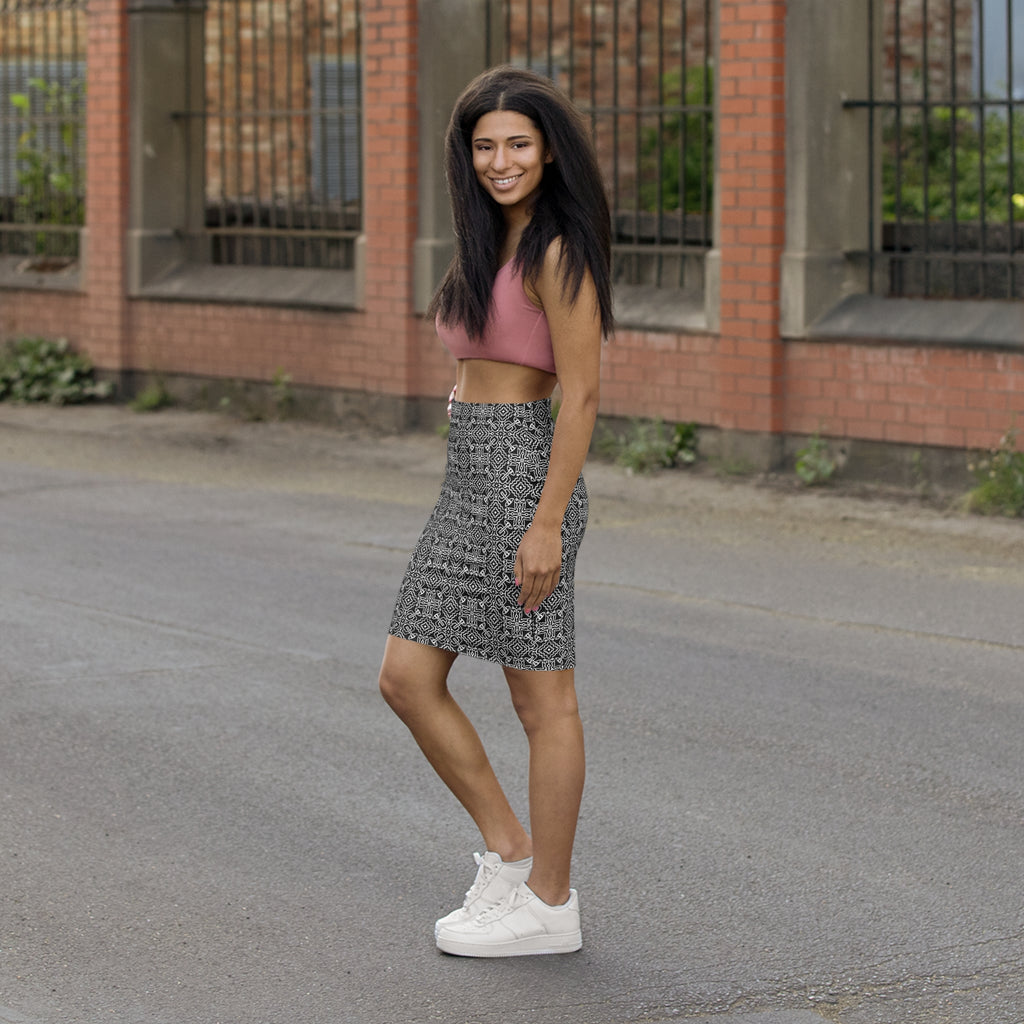 Black & White Geometric Pencil Skirt — Mid‑Waist AOP #h97658