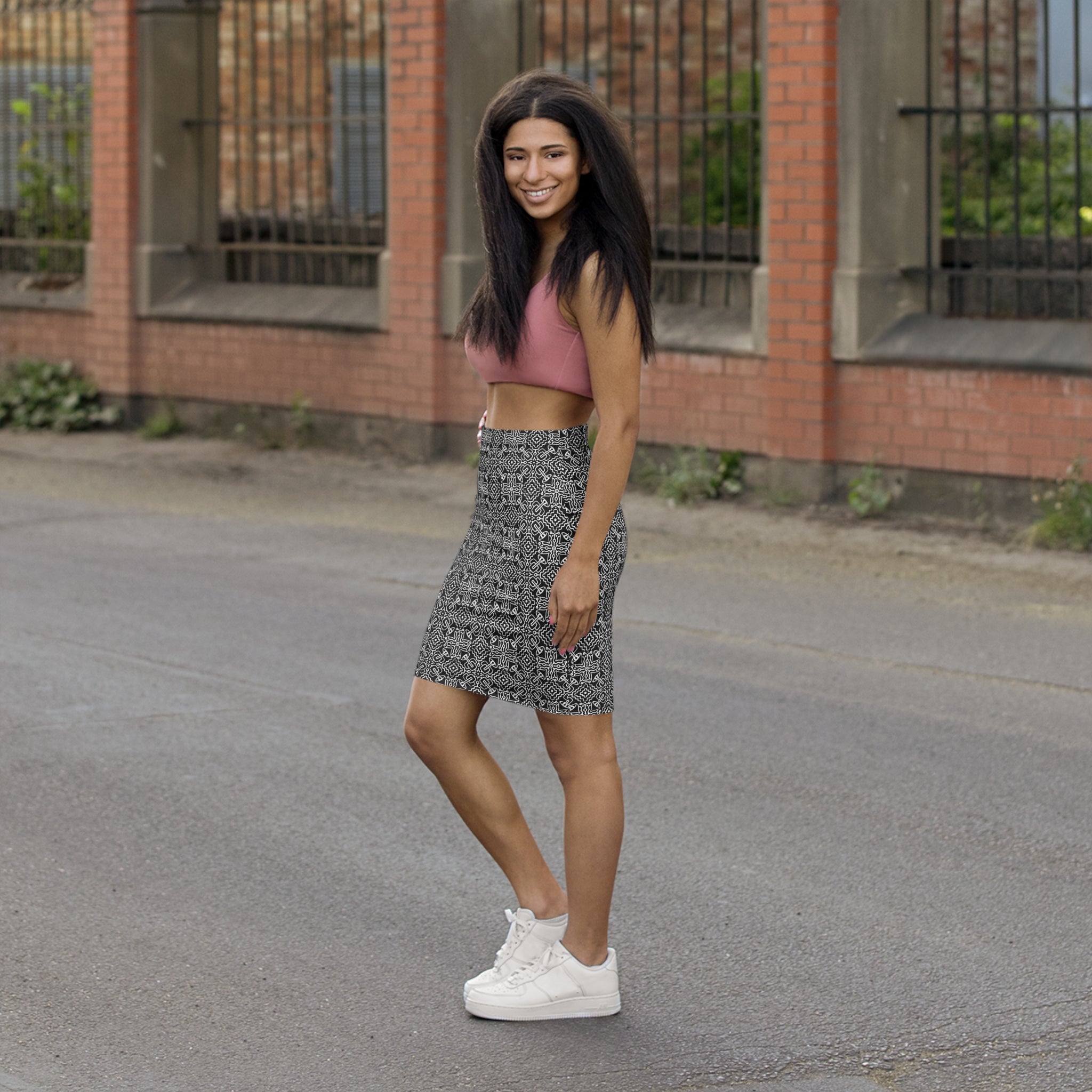 Black & White Geometric Pencil Skirt — Mid‑Waist AOP #h97658