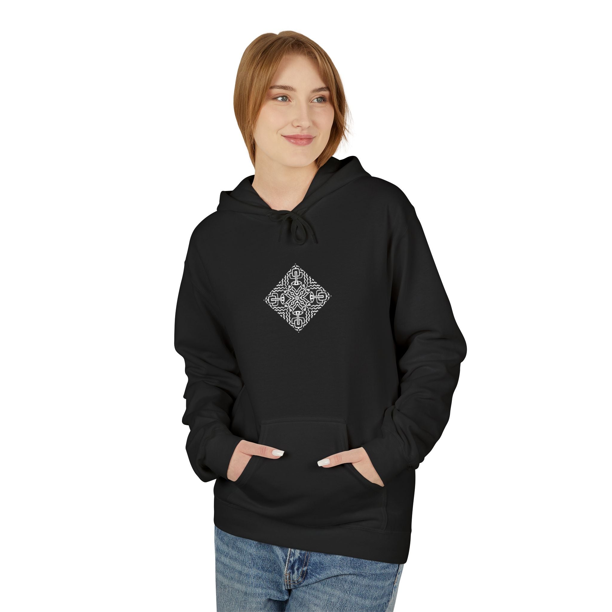 Geometric Mandala Hoodie — Monochrome Diamond Line Art Chest & Back Print #k0873568