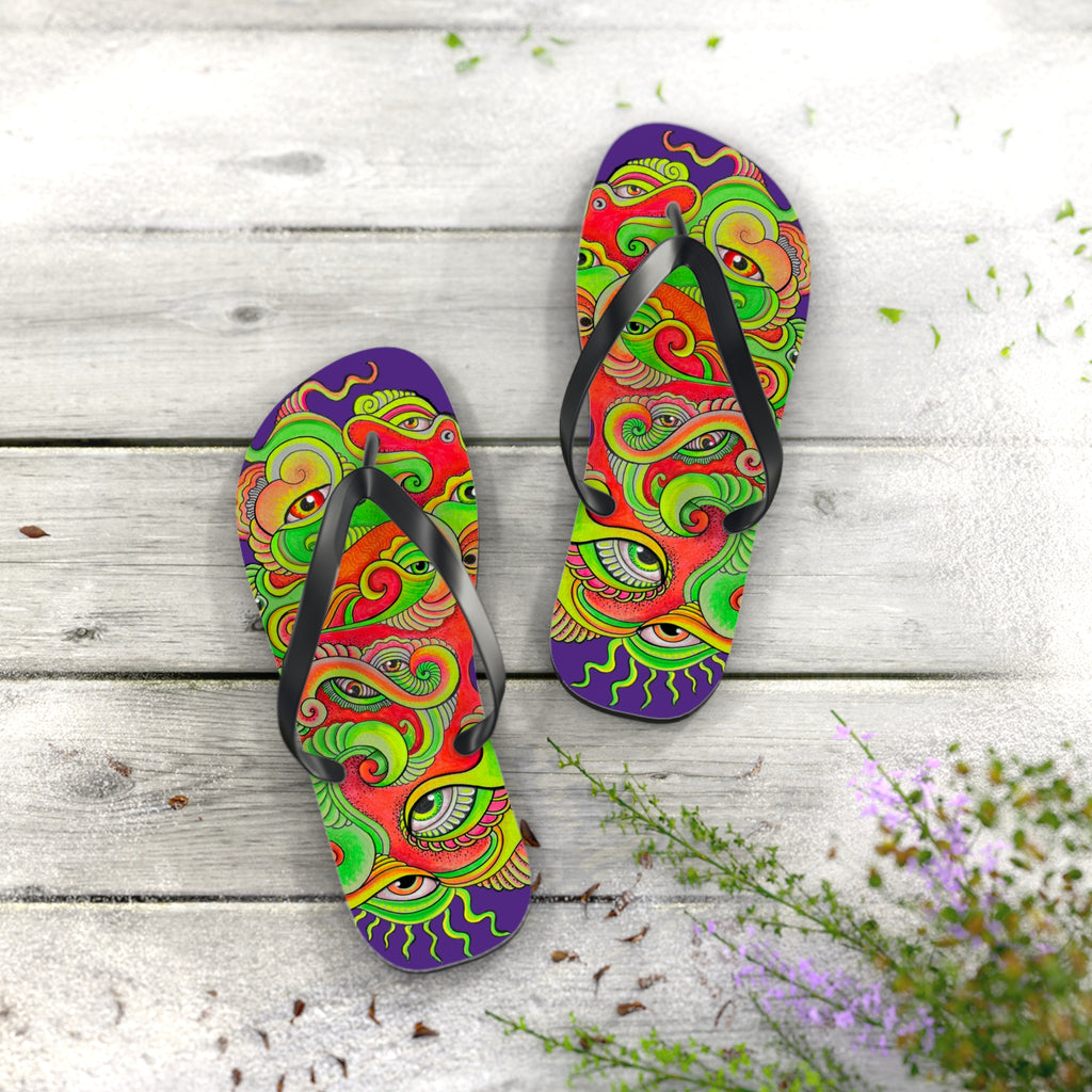 Psychedelic Eye Pattern Flip Flops — Colorful Trippy Summer Sandals #s873455211