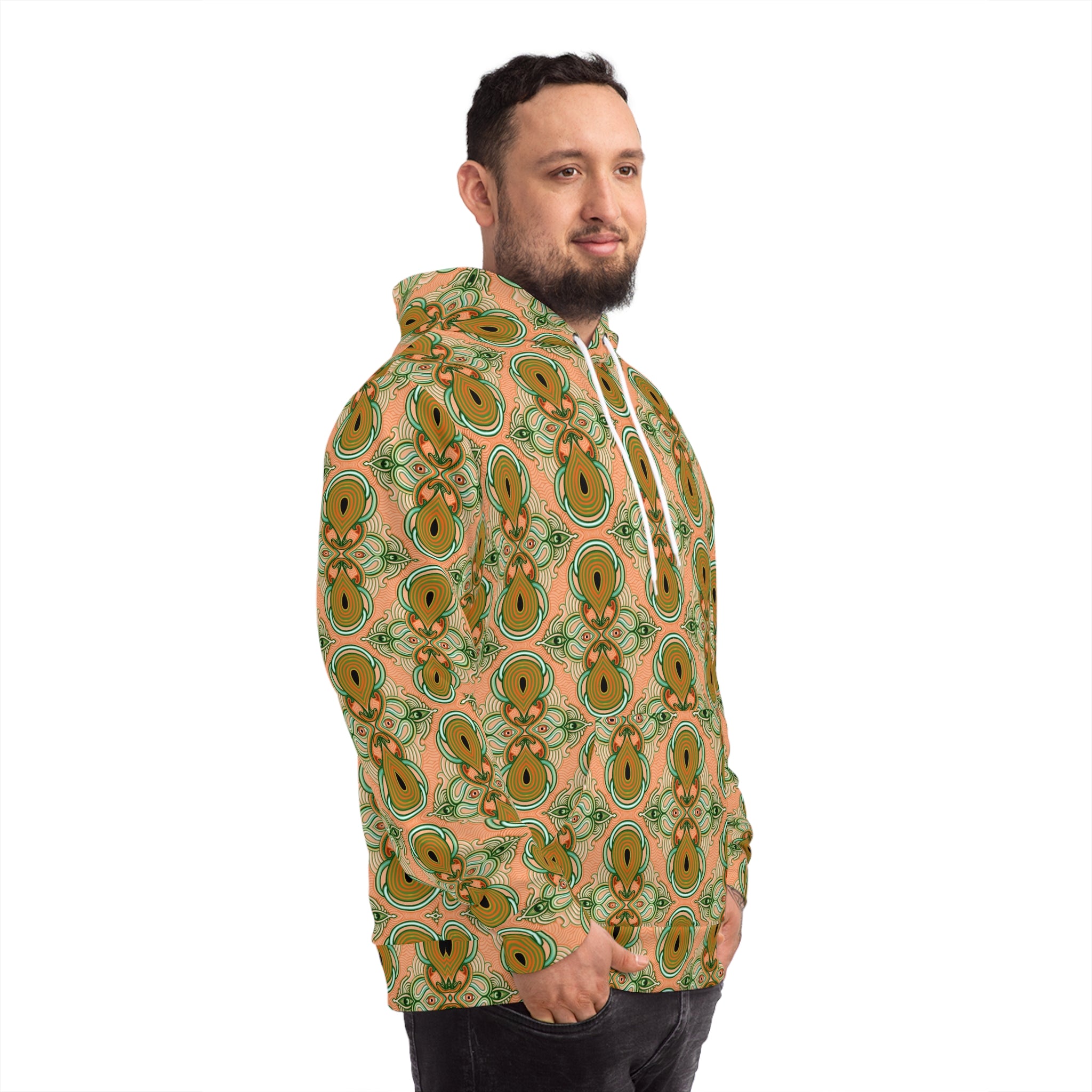 Retro Floral Pattern Hoodie — Green Orange All-Over Print Fashion Hoodie #g000635