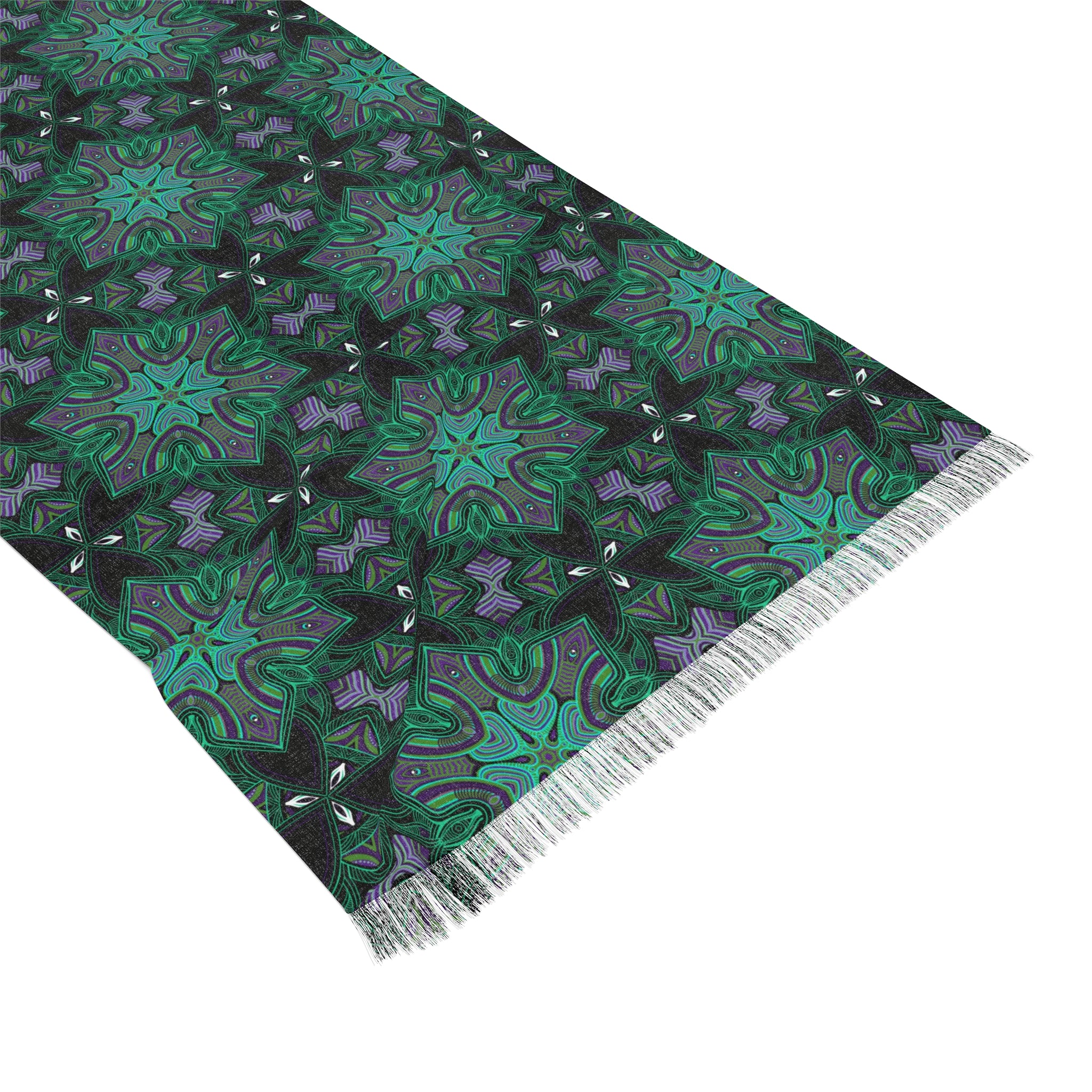 Teal Mandala Light Scarf – Lightweight Winter Wrap with Fringed Edges #fg64245