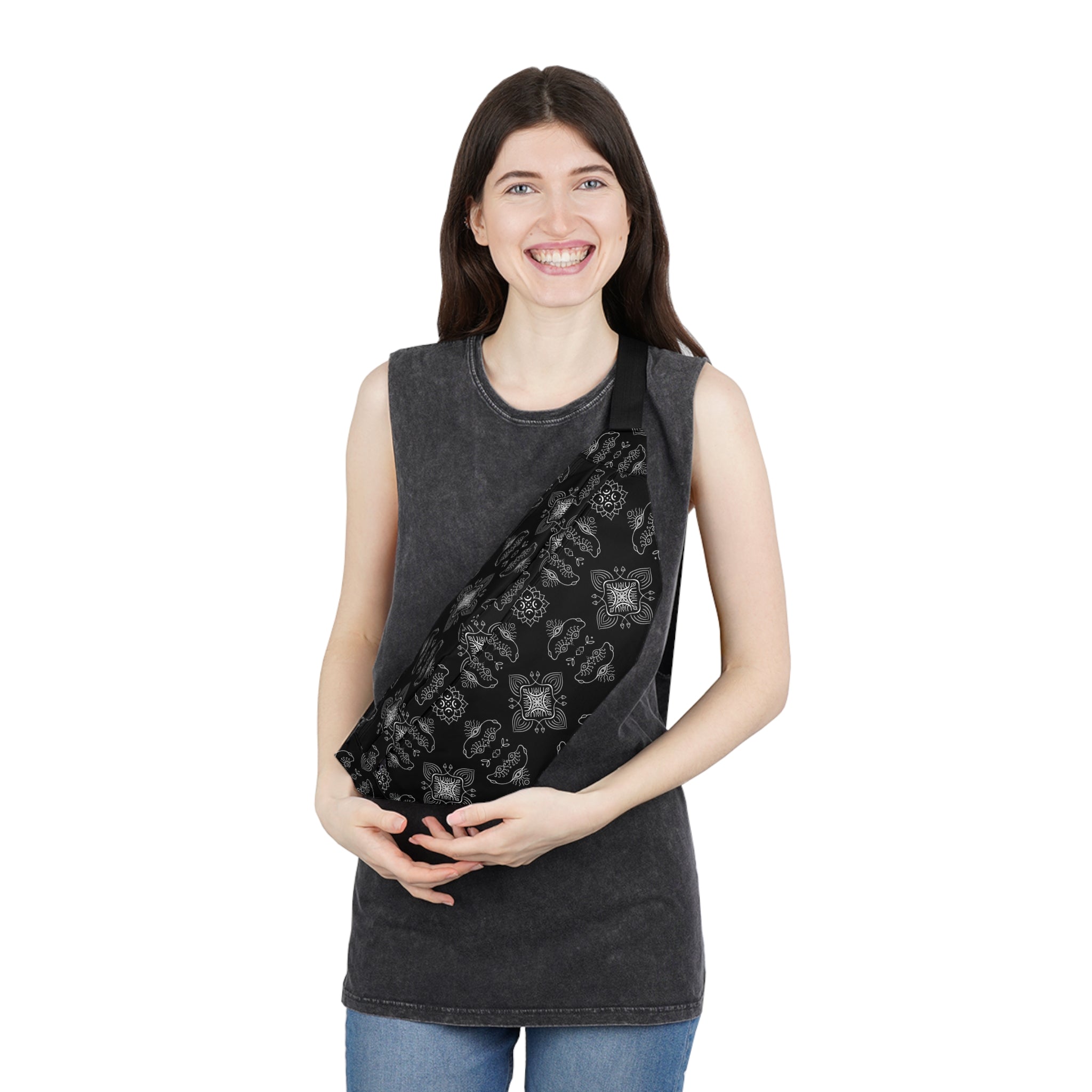 Black Bandana-Print Large Fanny Pack — Stylish Hands-Free Waist Bag #t434567