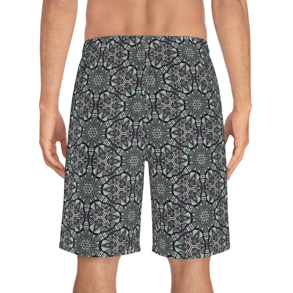 Men's Kaleidoscope Pattern Board Shorts — Green Geometric Swim Trunks #jg886479
