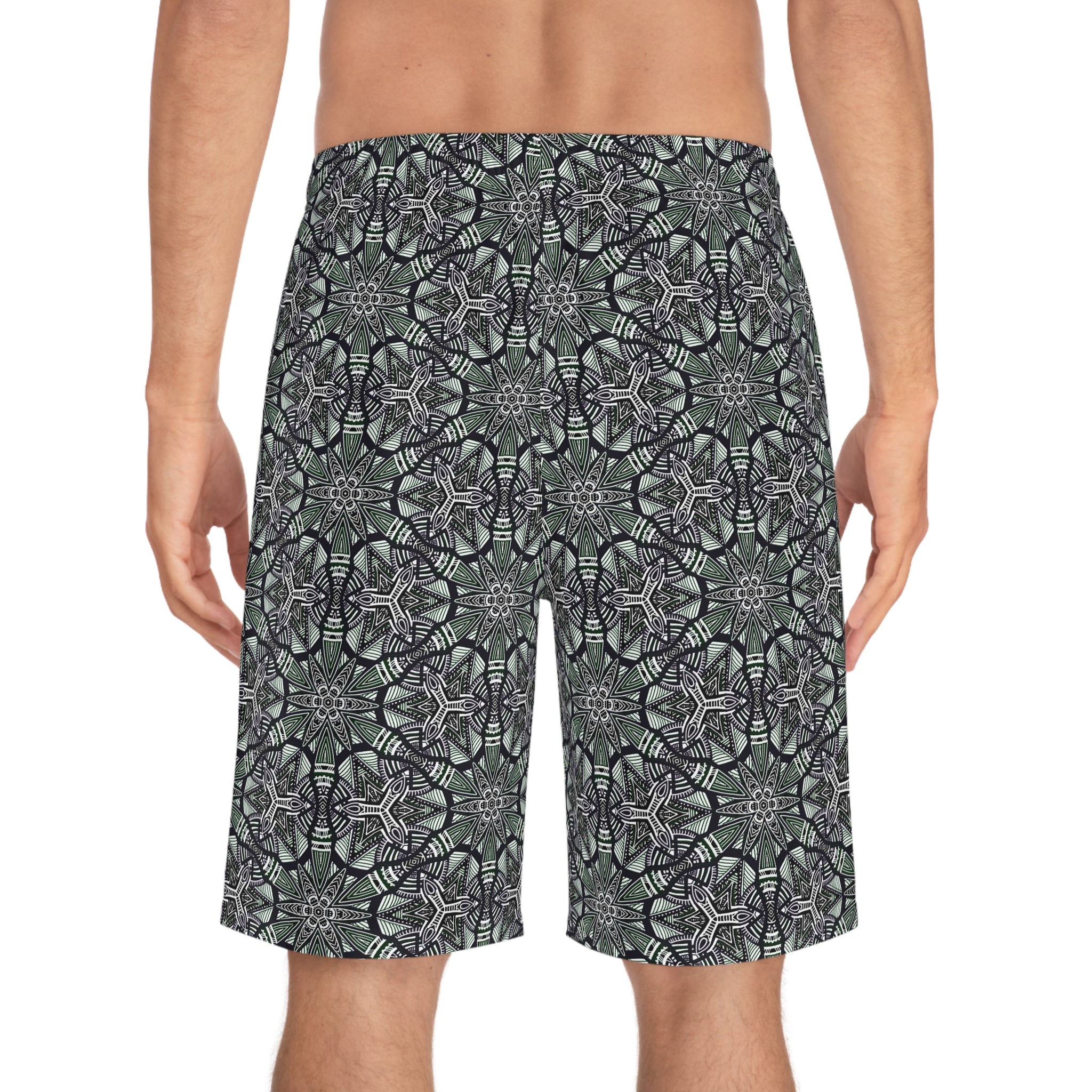 Men's Kaleidoscope Pattern Board Shorts — Green Geometric Swim Trunks #jg886479