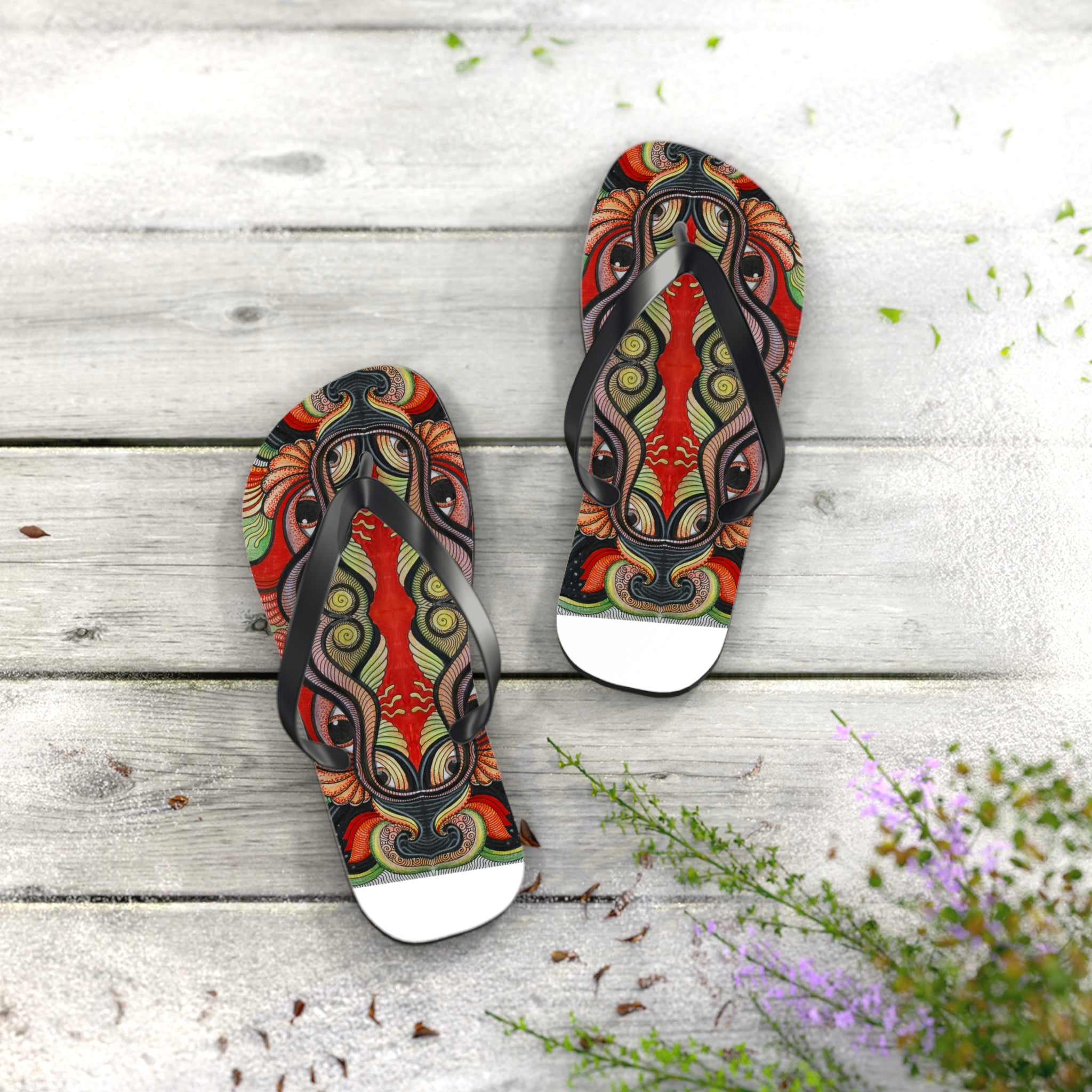 Boho Tribal Floral Flip Flops — Colorful Psychedelic Summer Sandals #f