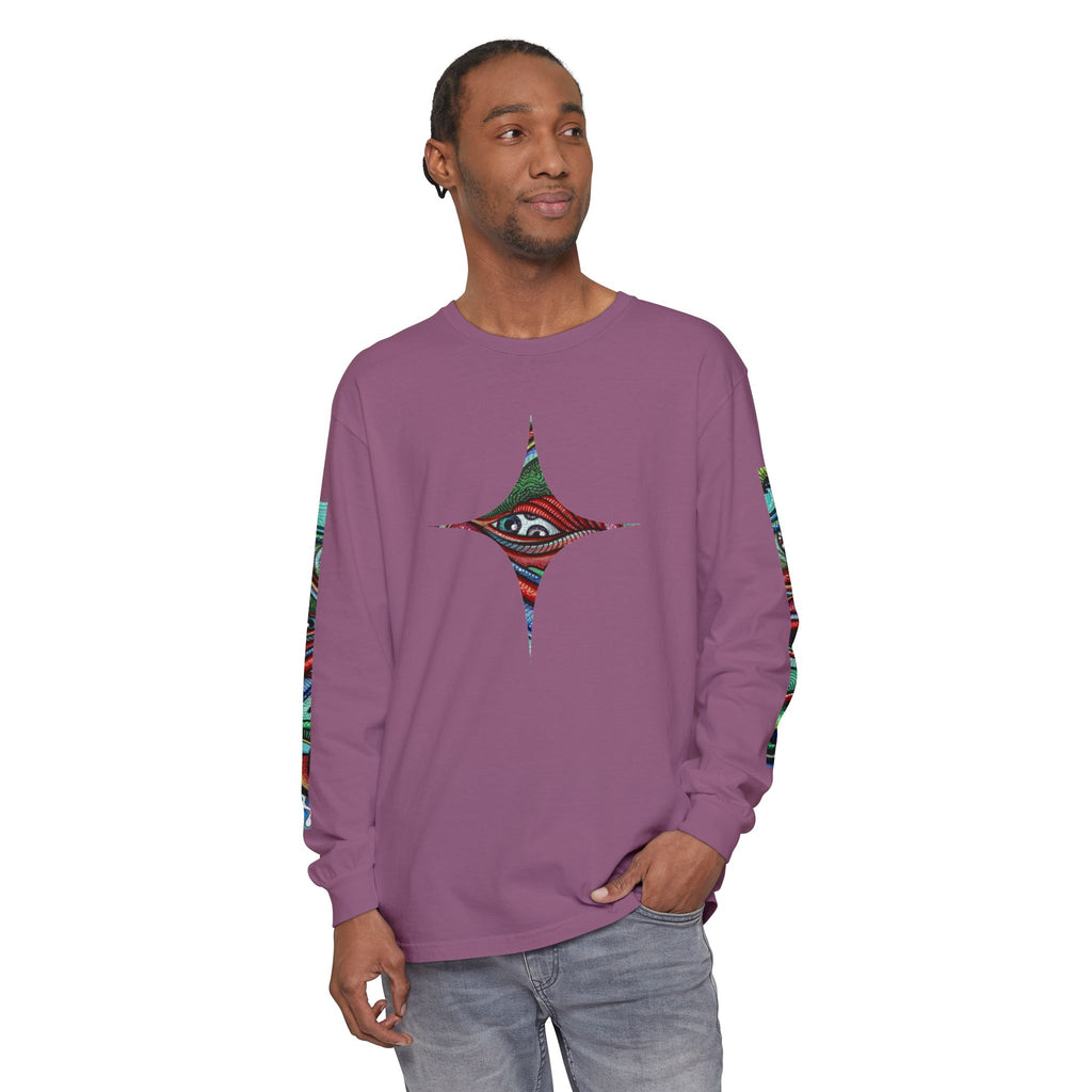 Psychedelic Starburst Long Sleeve Tee — Colorful Eye & Sleeve Stripe Design #k976344