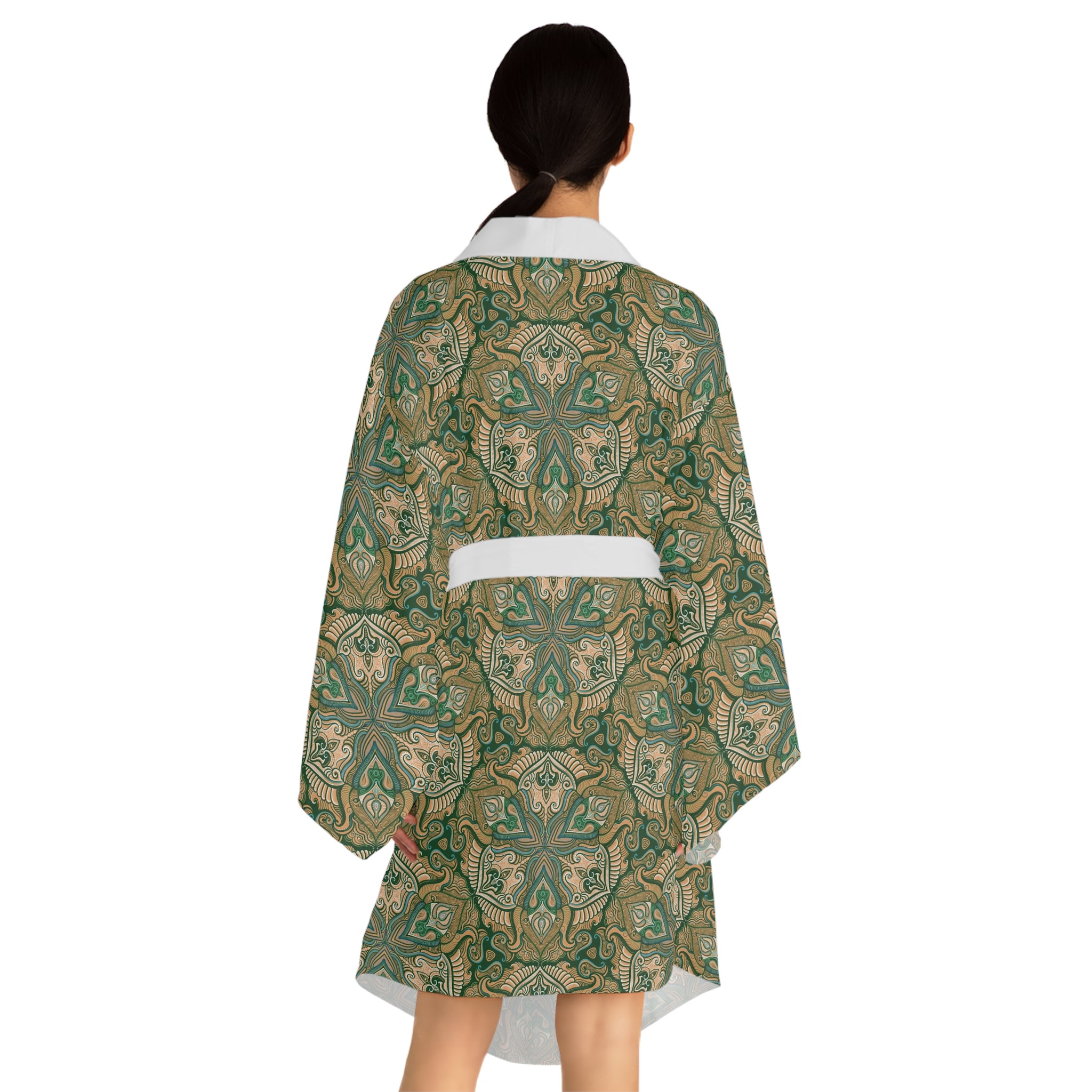 Green Floral Mandala Pattern Kimono Robe | Long Sleeve # kfm1