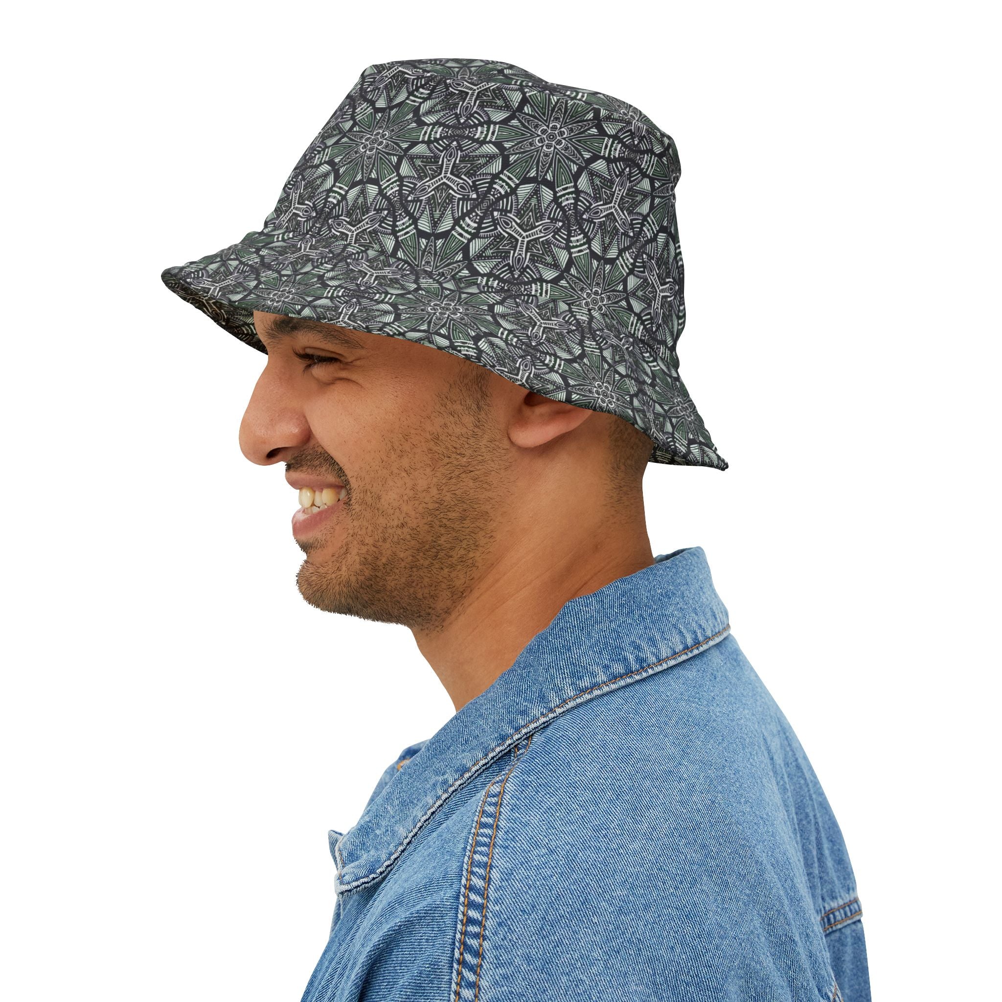 Kaleidoscope Tile Bucket Hat — Green Geometric AOP Sun Hat #jf9754