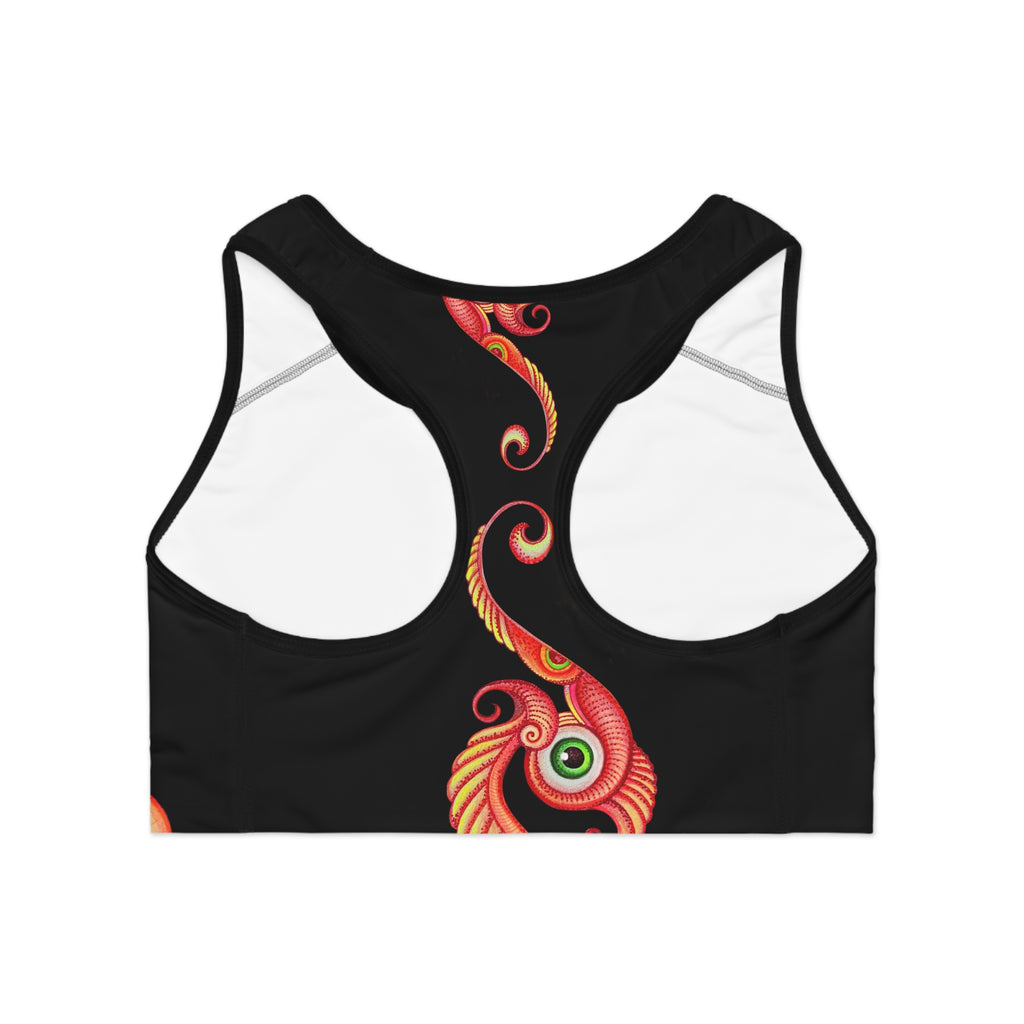Floral Swirl Performance Sports Bra — Black Red Artistic Print #ir98