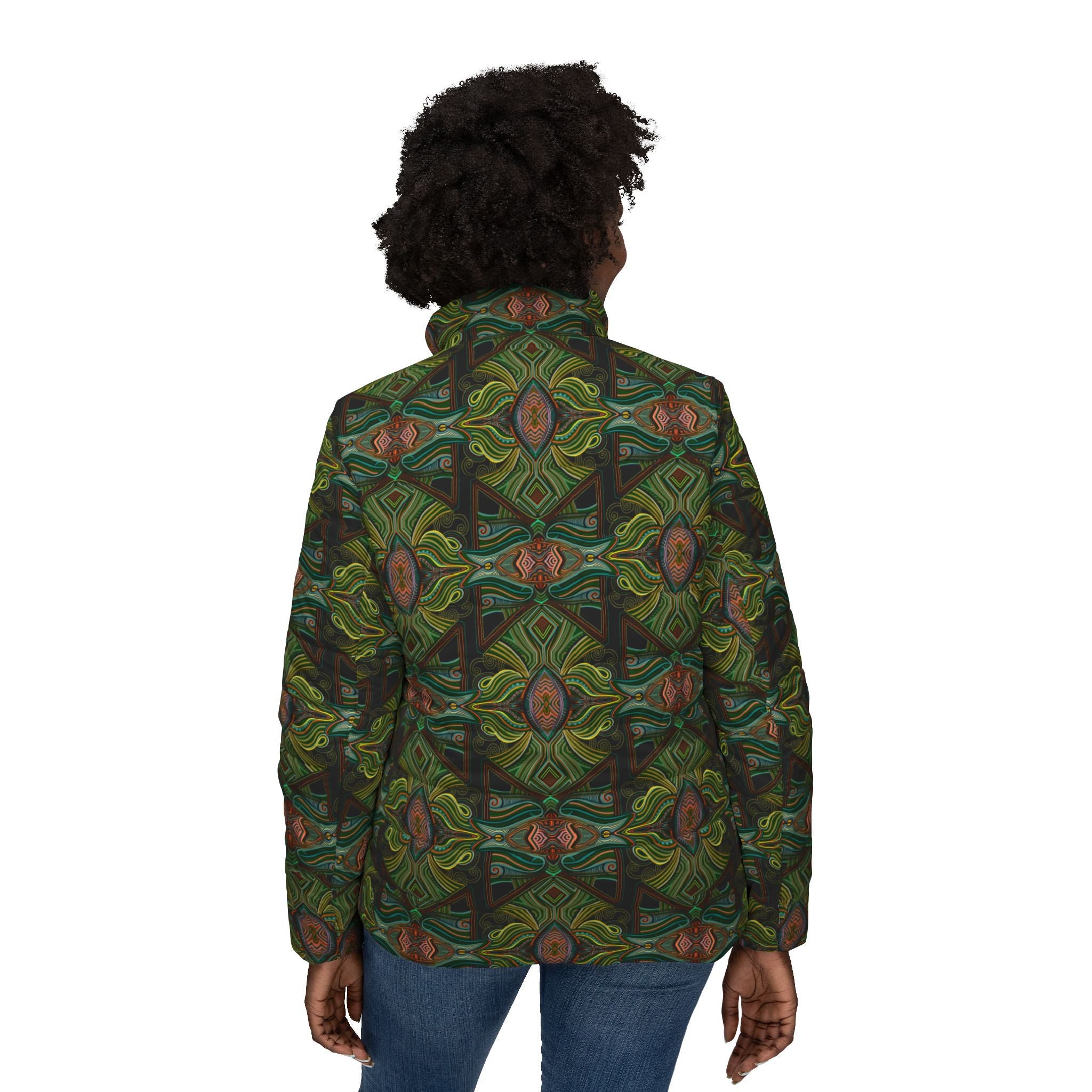 Green Kaleidoscope Women's Puffer Jacket — All-Over Pattern Winter Coat  #pj1