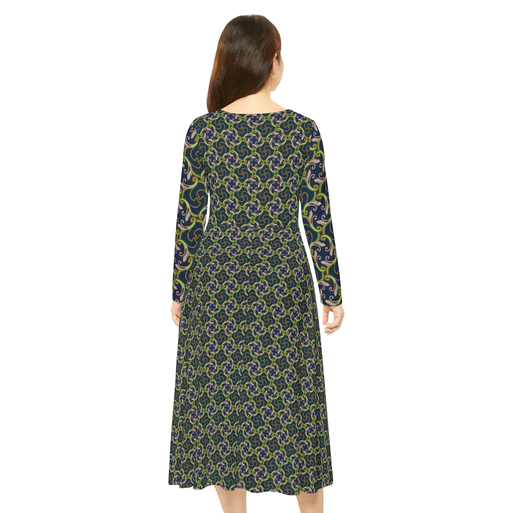Long Sleeve Dance Dress — Green Celtic Knot All-Over Print #ld1