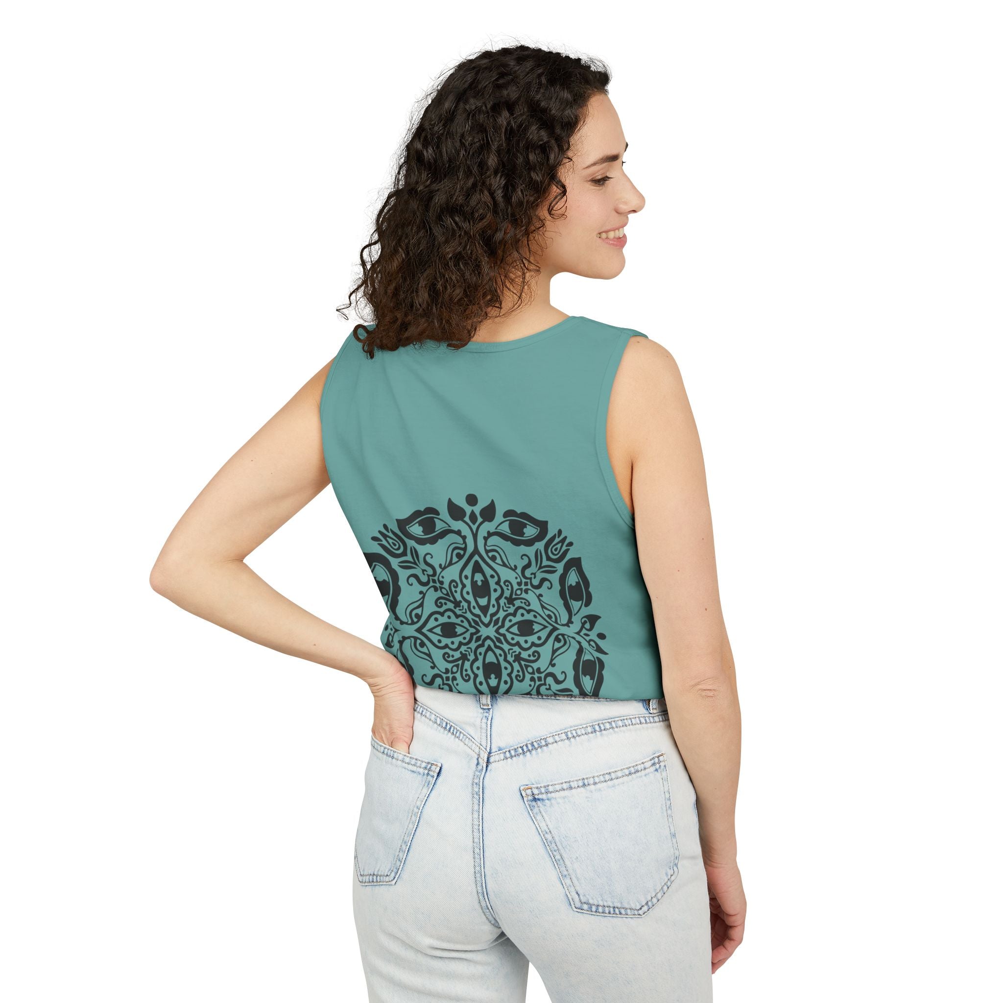 Boho Mandala Tank Top — Black Floral Circular Graphic Tank #fr3