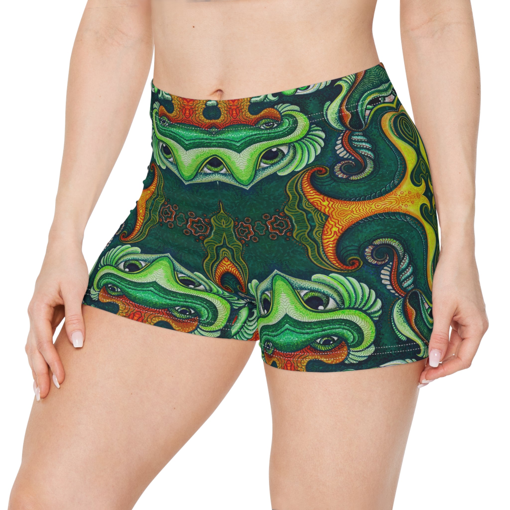 Psychedelic Green Kaleidoscope Women's Shorts — All-Over Print Activewear #f764445