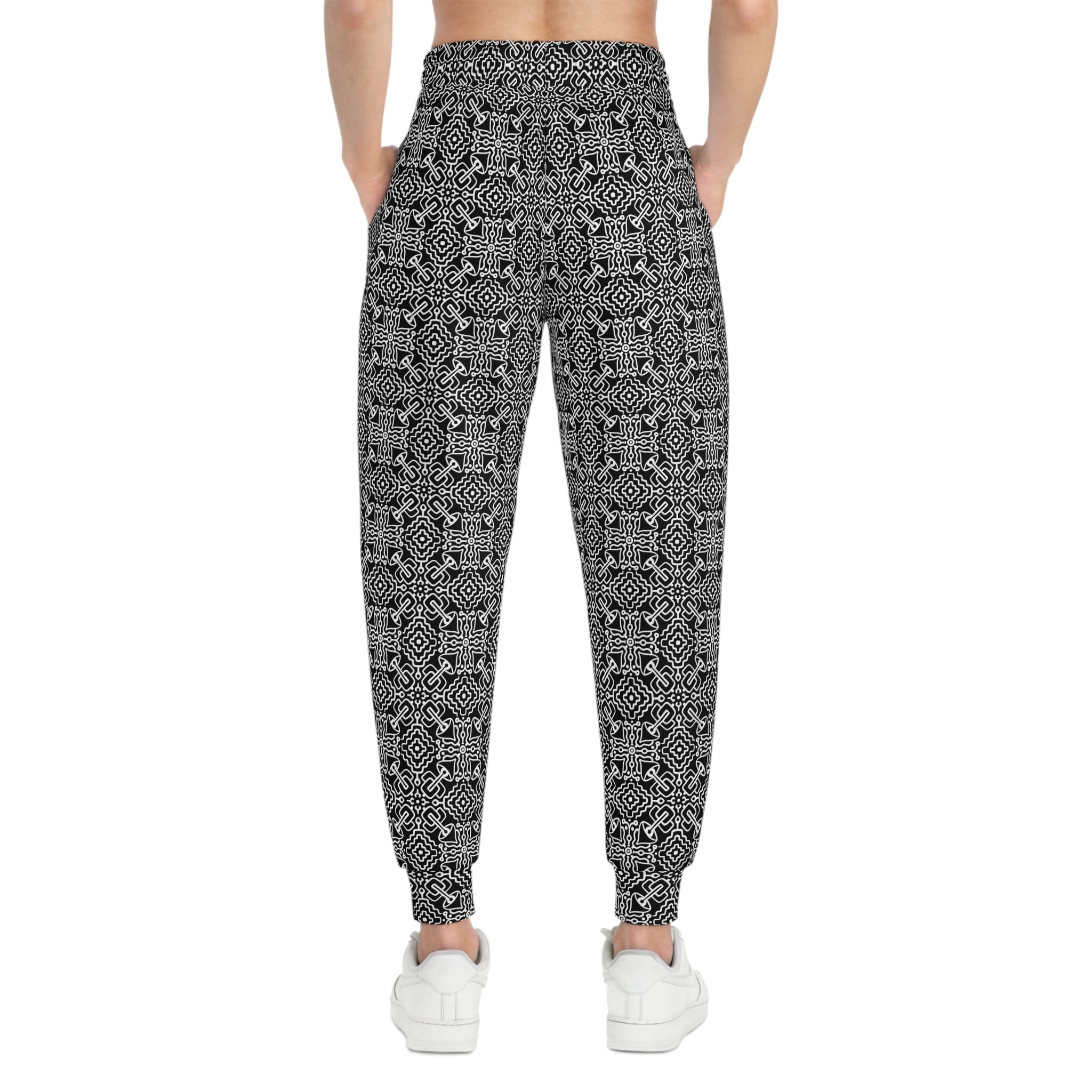 Black & White Geometric Pattern Joggers — All-Over-Print Athletic Pants #h98647