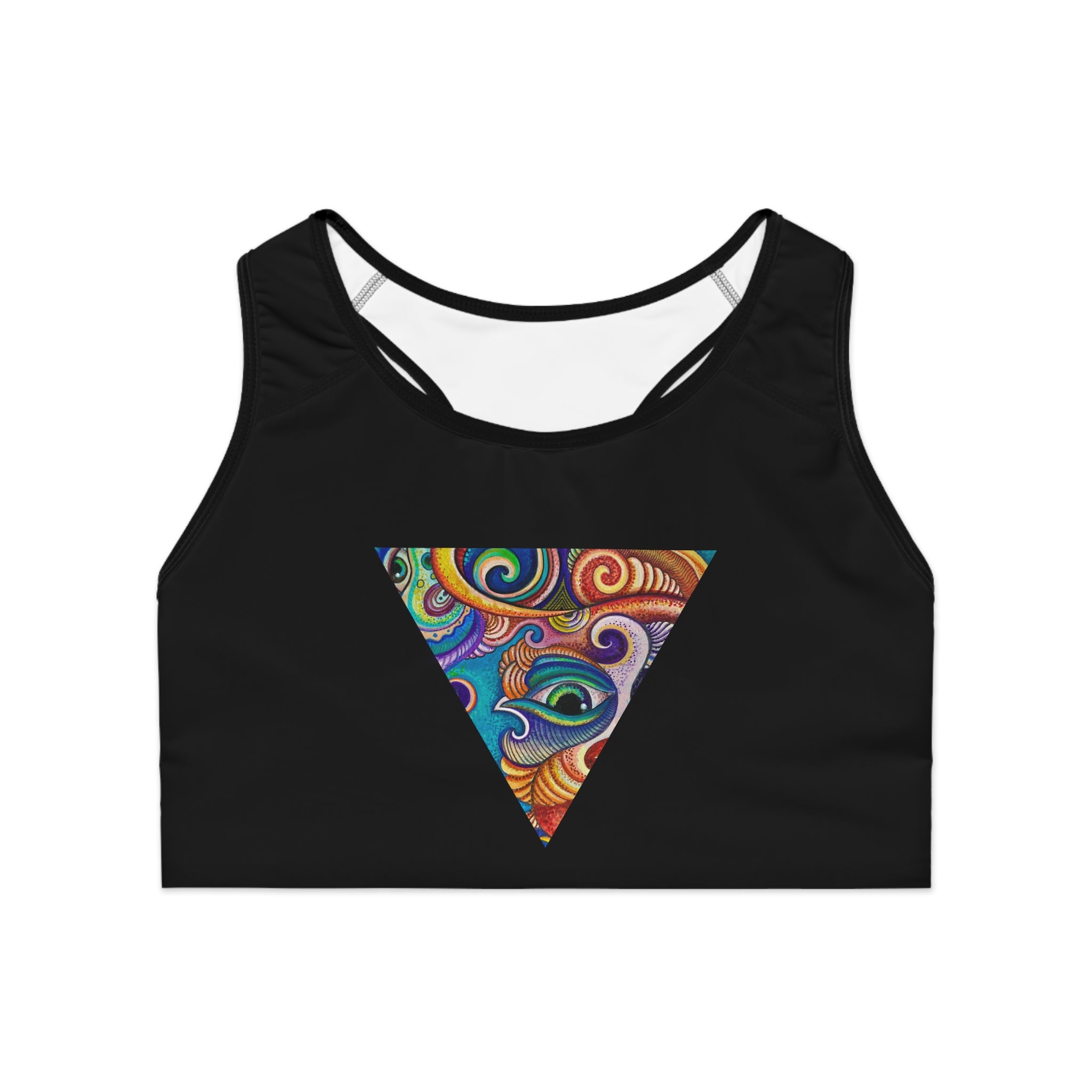 Triangular Psychedelic Print Sports Bra — Colorful Swirl Activewear #ps27