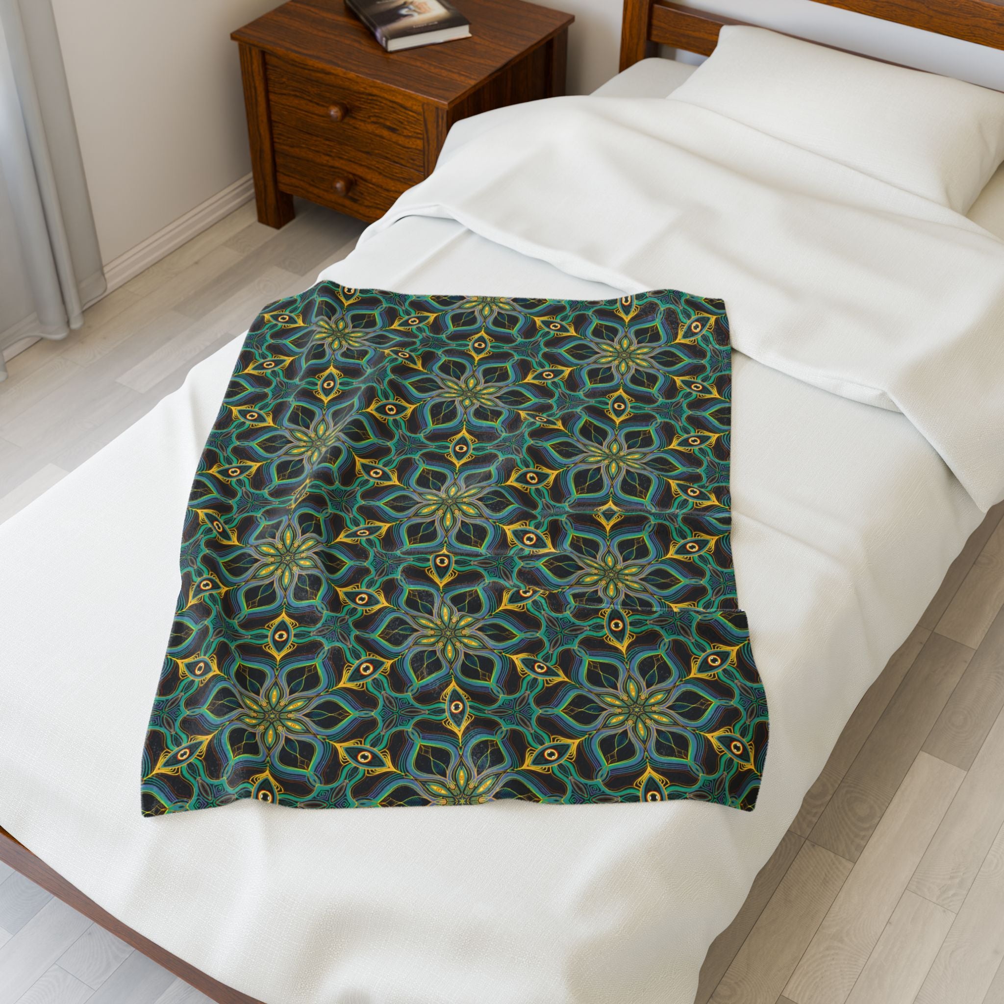 Velveteen Plush Blanket - Teal & Gold Geometric Mandala Throw #h73