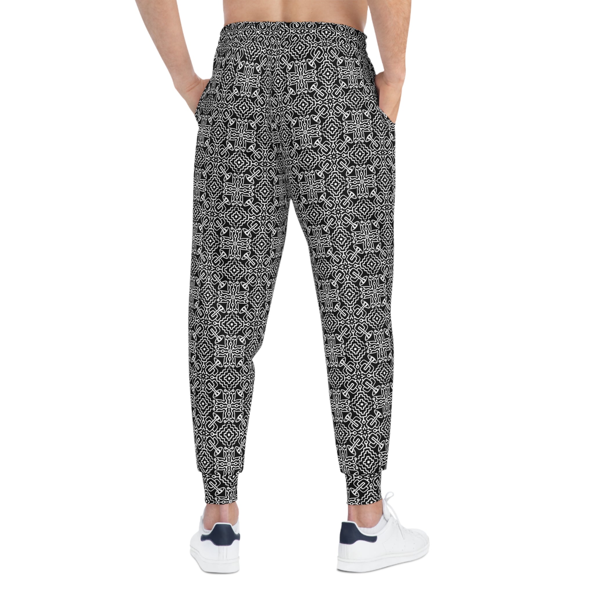 Black & White Geometric Pattern Joggers — All-Over-Print Athletic Pants #h98647