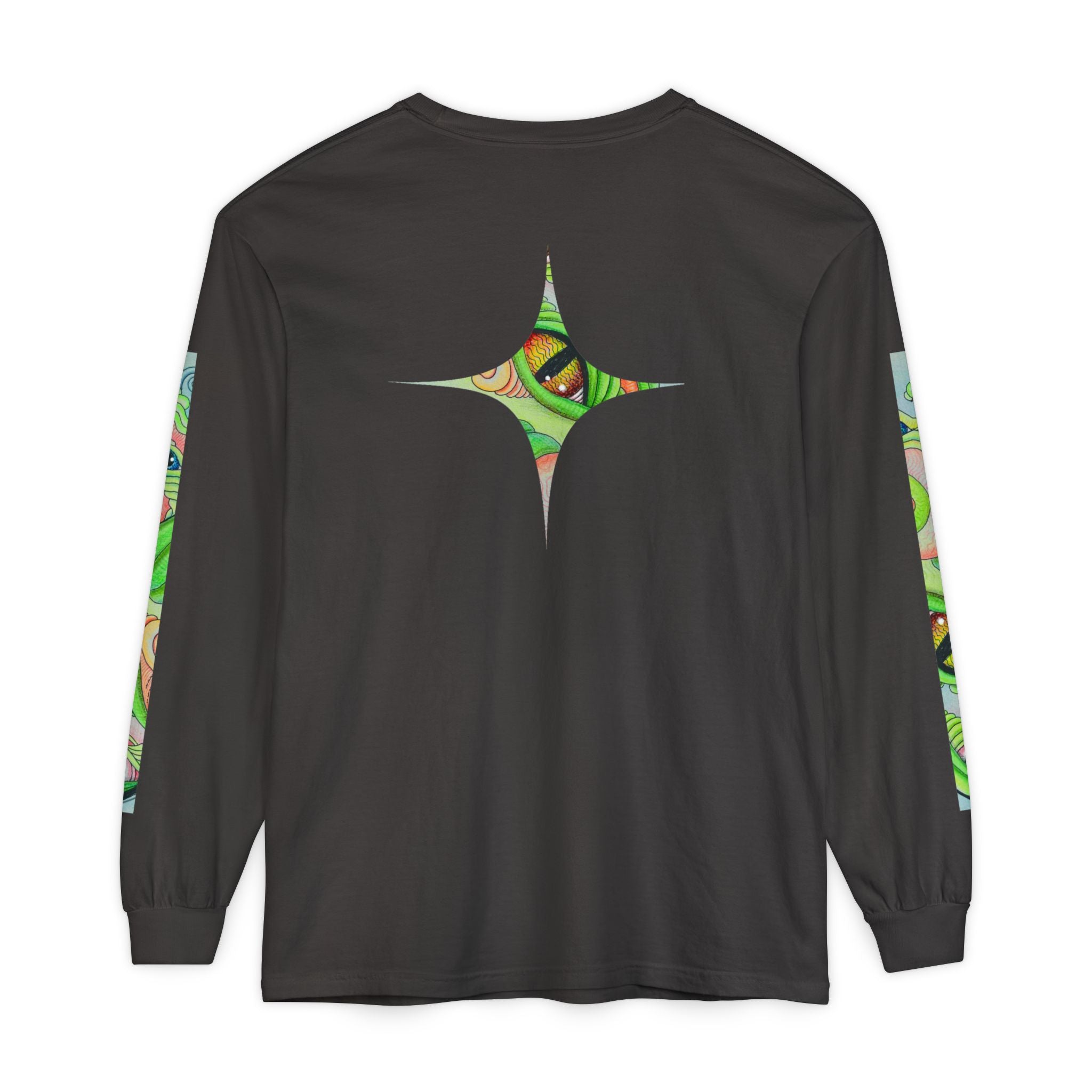 Psychedelic Green Triangle Long Sleeve Tee — Tribal Star Sleeve Artwork #gf086357