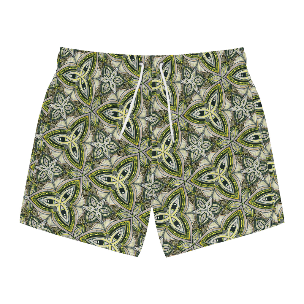 Green Celtic Tile Swim Trunks — All-Over-Print Patterned Beach Shorts #r332216