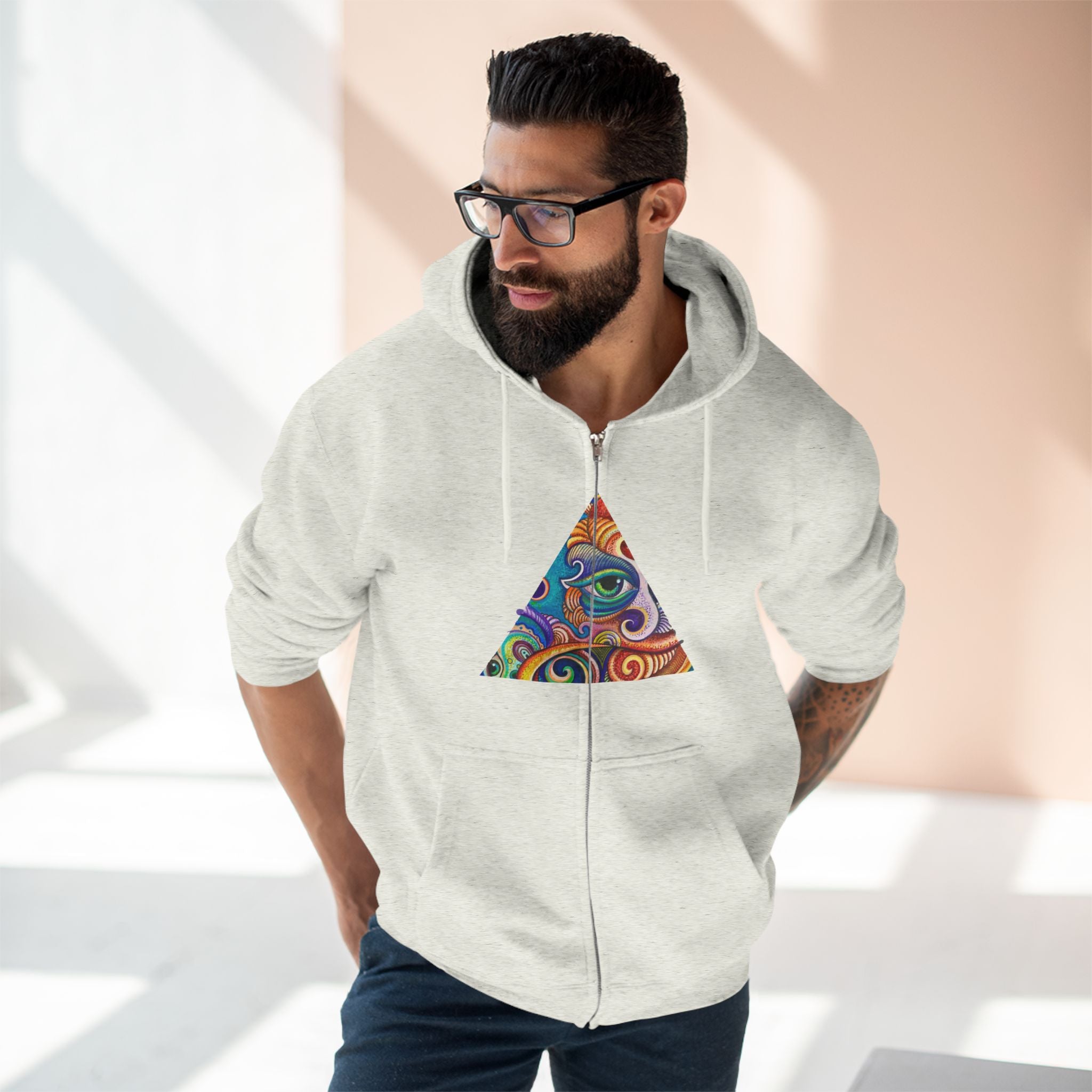 Zip Hoodie with Colorful Psychedelic Triangle & Mandala Back — Vibrant Abstract Art Zip-Up  #cp2680