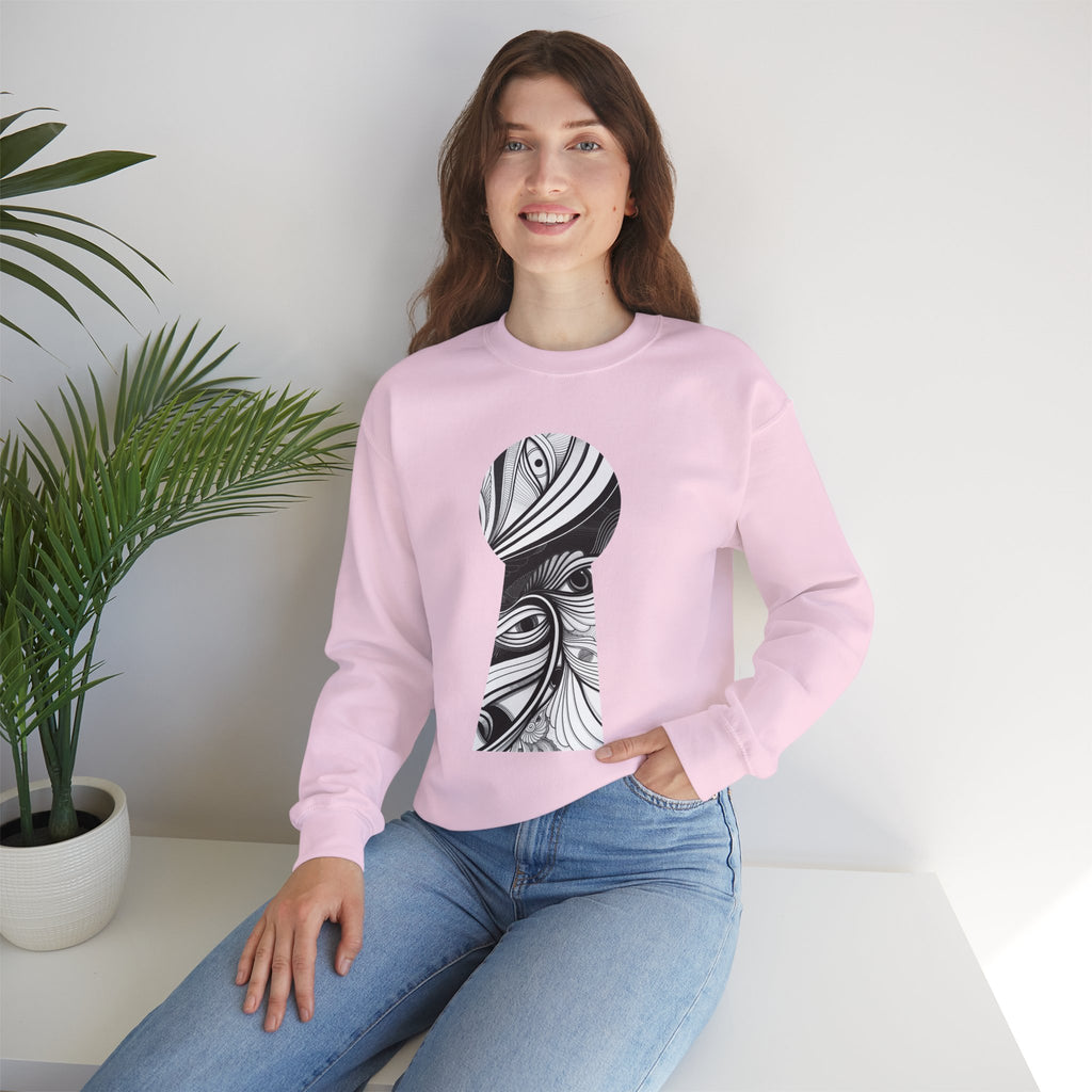 Crewneck Sweatshirt — Black & White Surreal Eye Keyhole Design #h5522168