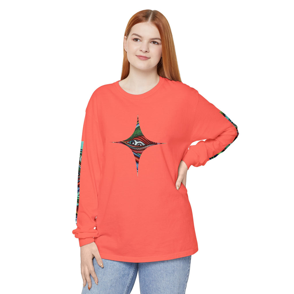 Psychedelic Starburst Long Sleeve Tee — Colorful Eye & Sleeve Stripe Design #k976344