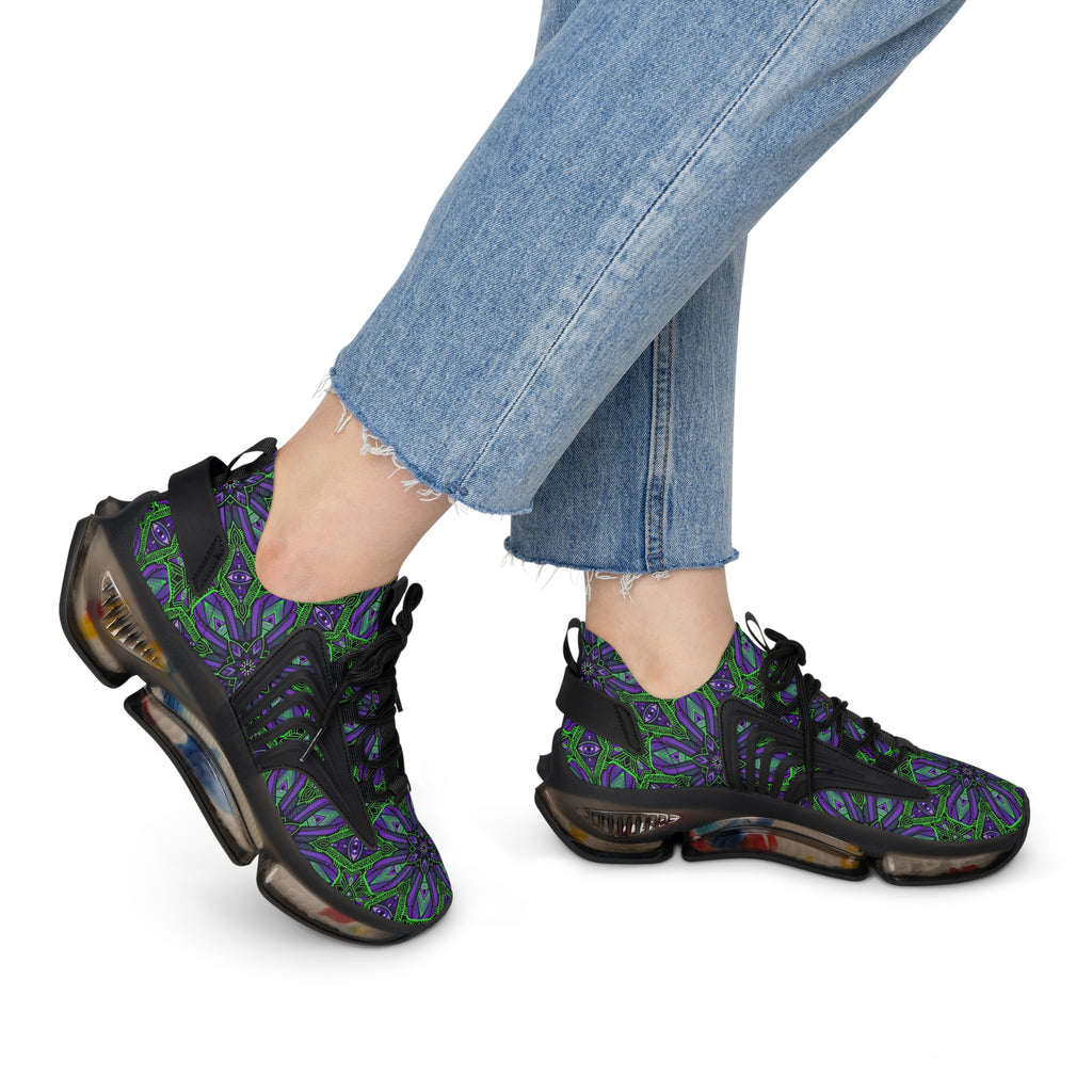 Women's Mesh Sneakers — Purple Green Kaleidoscope Floral Pattern. #it97007