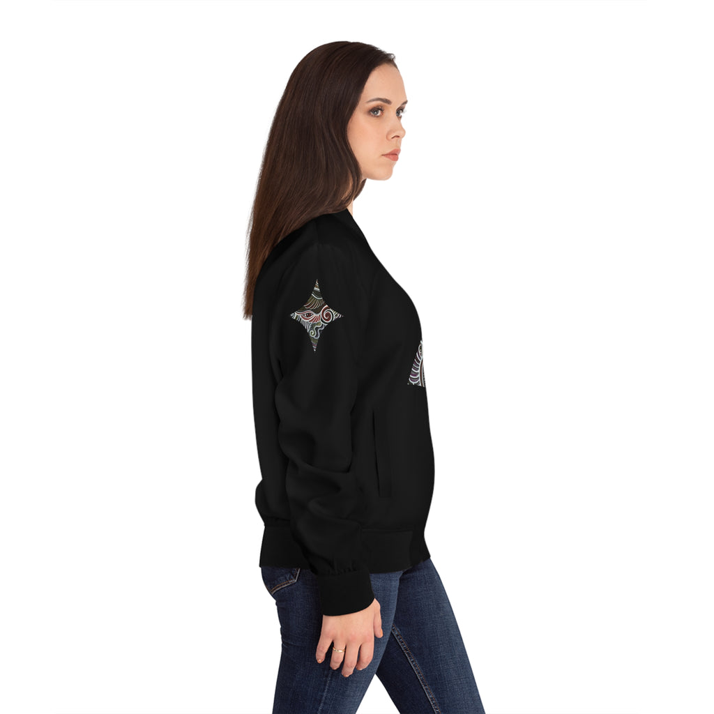 Women’s Black Bomber Jacket with Geometric Tribal Triangle Print #wbb215