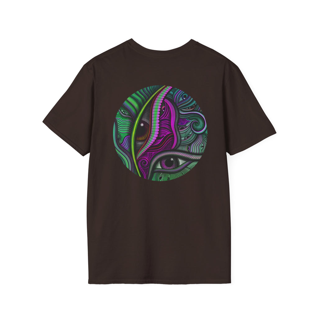 Psychedelic Eye Graphic T-Shirt — Abstract Purple & Green Starburst Circle Design. #ts6