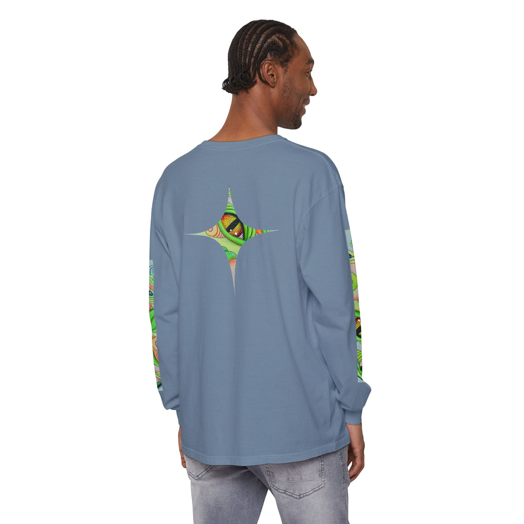Psychedelic Green Triangle Long Sleeve Tee — Tribal Star Sleeve Artwork #gf086357