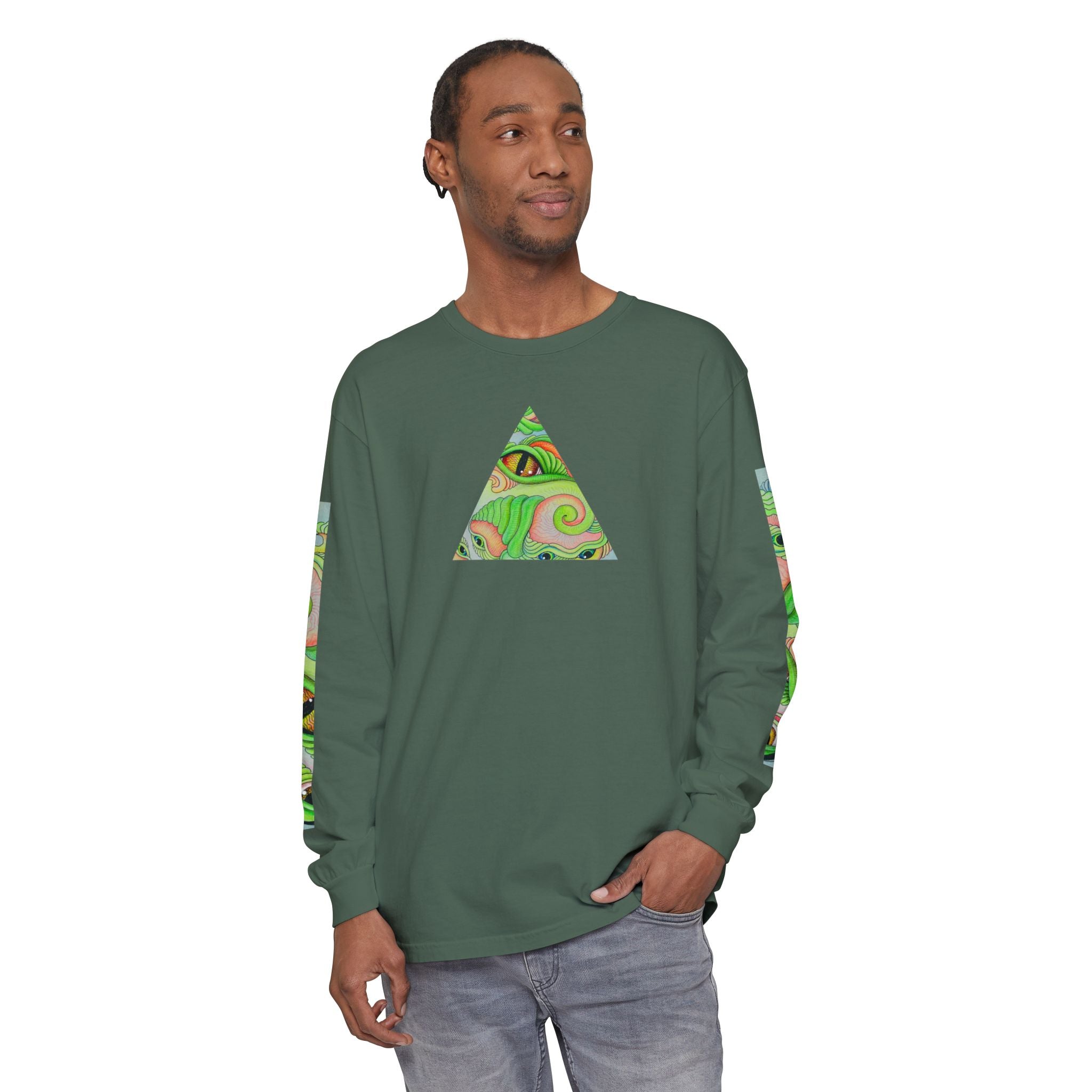 Psychedelic Green Triangle Long Sleeve Tee — Tribal Star Sleeve Artwork #gf086357