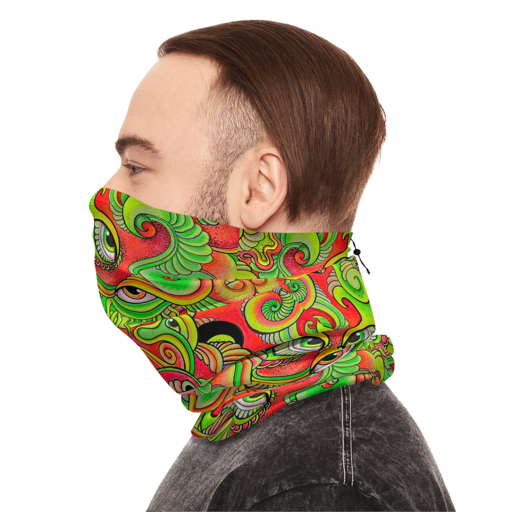 Psychedelic Paisley Winter Neck Gaiter with Drawstring — Bright Green & Orange Thermal Face Warmer #ew865479900
