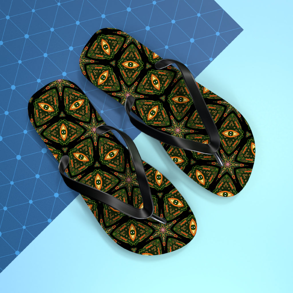 Kaleidoscope Green Pattern Flip Flops — Boho Summer Beach Sandals #k9753