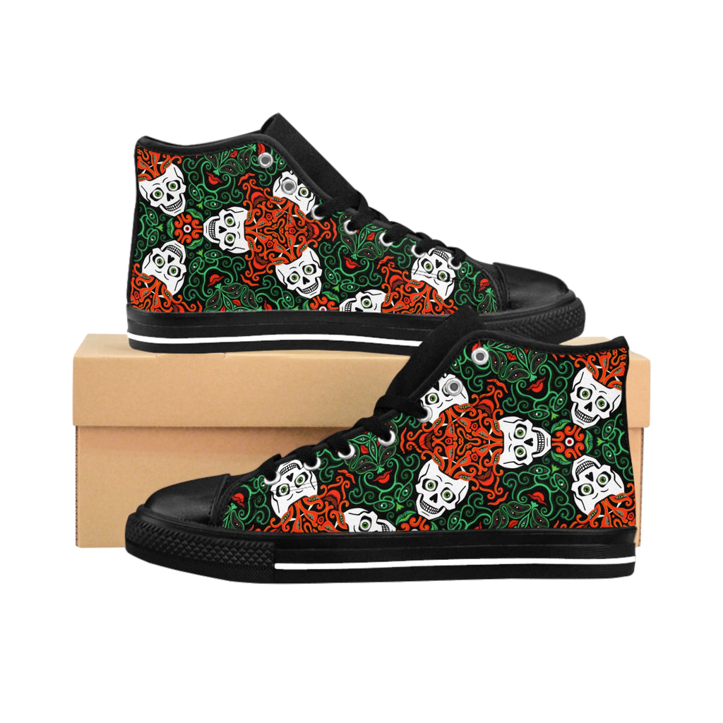 High-Top Sneakers — Floral Skull Pattern in Green & Red #dft35764