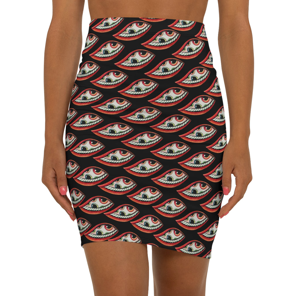 Eye Pattern Pencil Skirt — Red & Black All-Over Print #da456