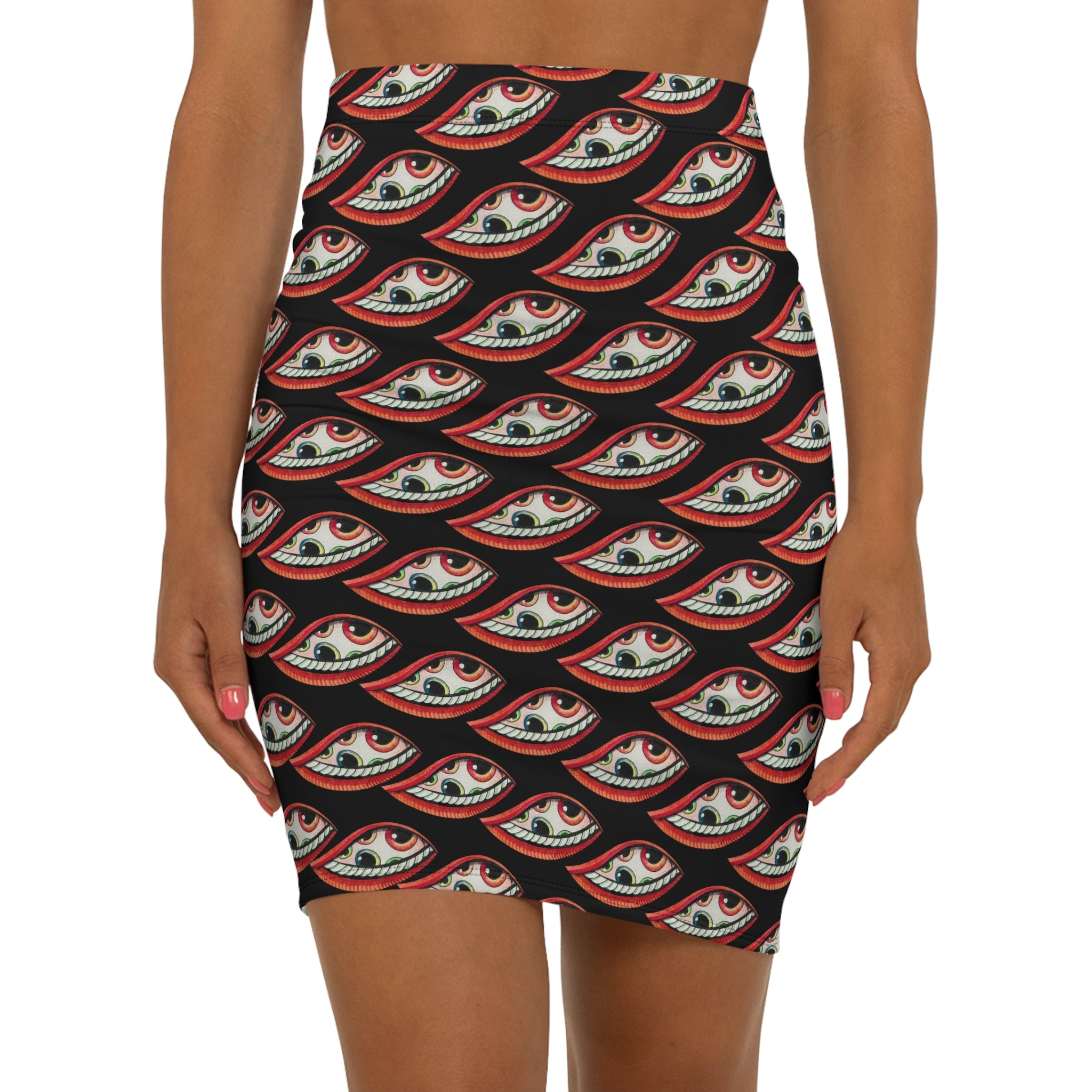 Eye Pattern Pencil Skirt — Red & Black All-Over Print #da456