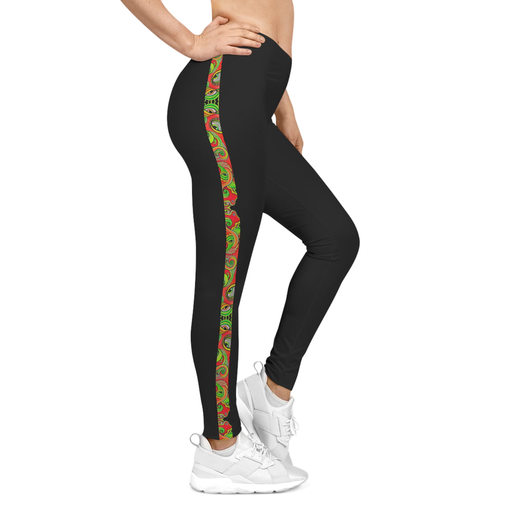Black Leggings with Festive Red & Green Side Stripe — Women's Casual Holiday Activewear. #g7654456