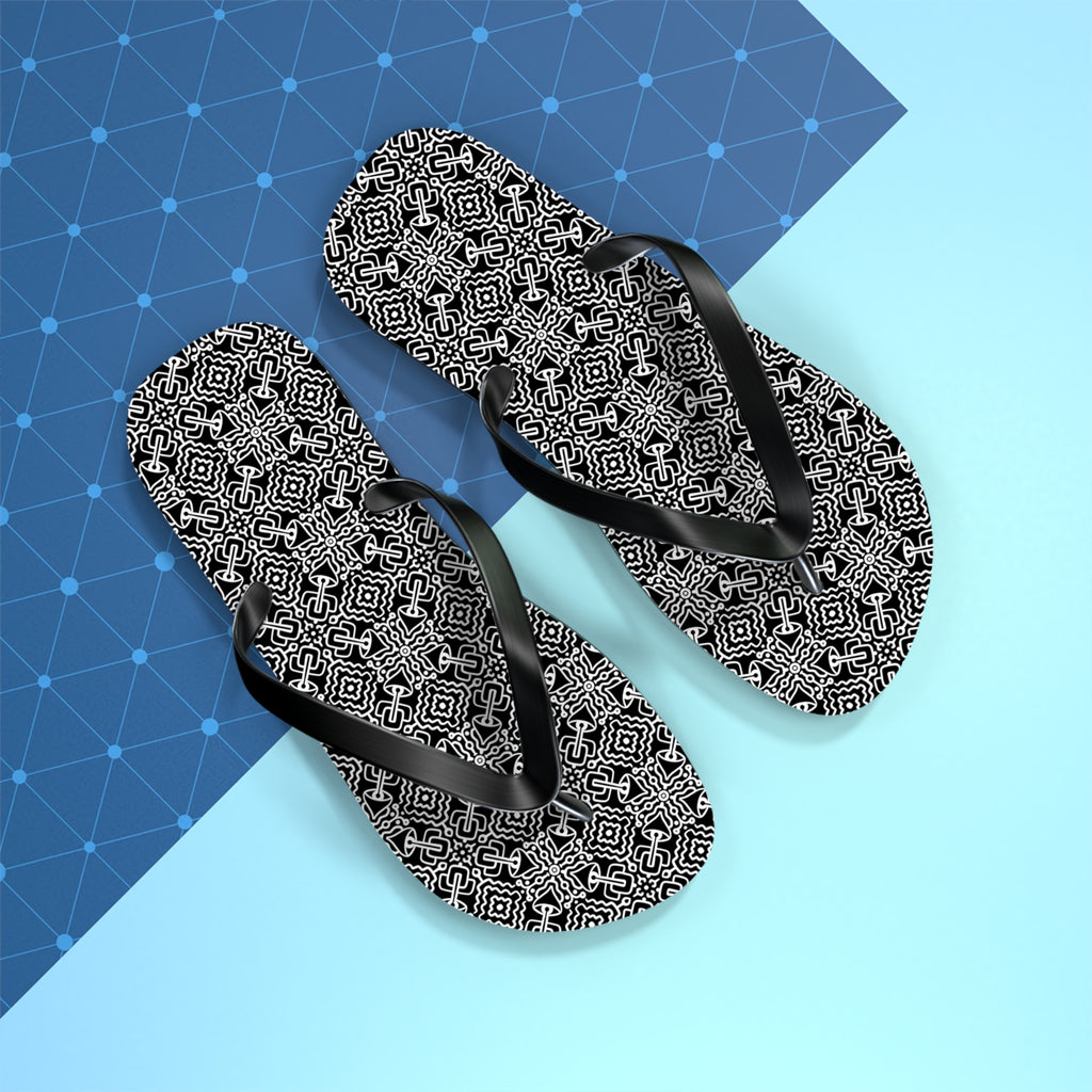 Monochrome Geometric Flip Flops — Black & White Aztec Pattern Beach Sandals #d98646