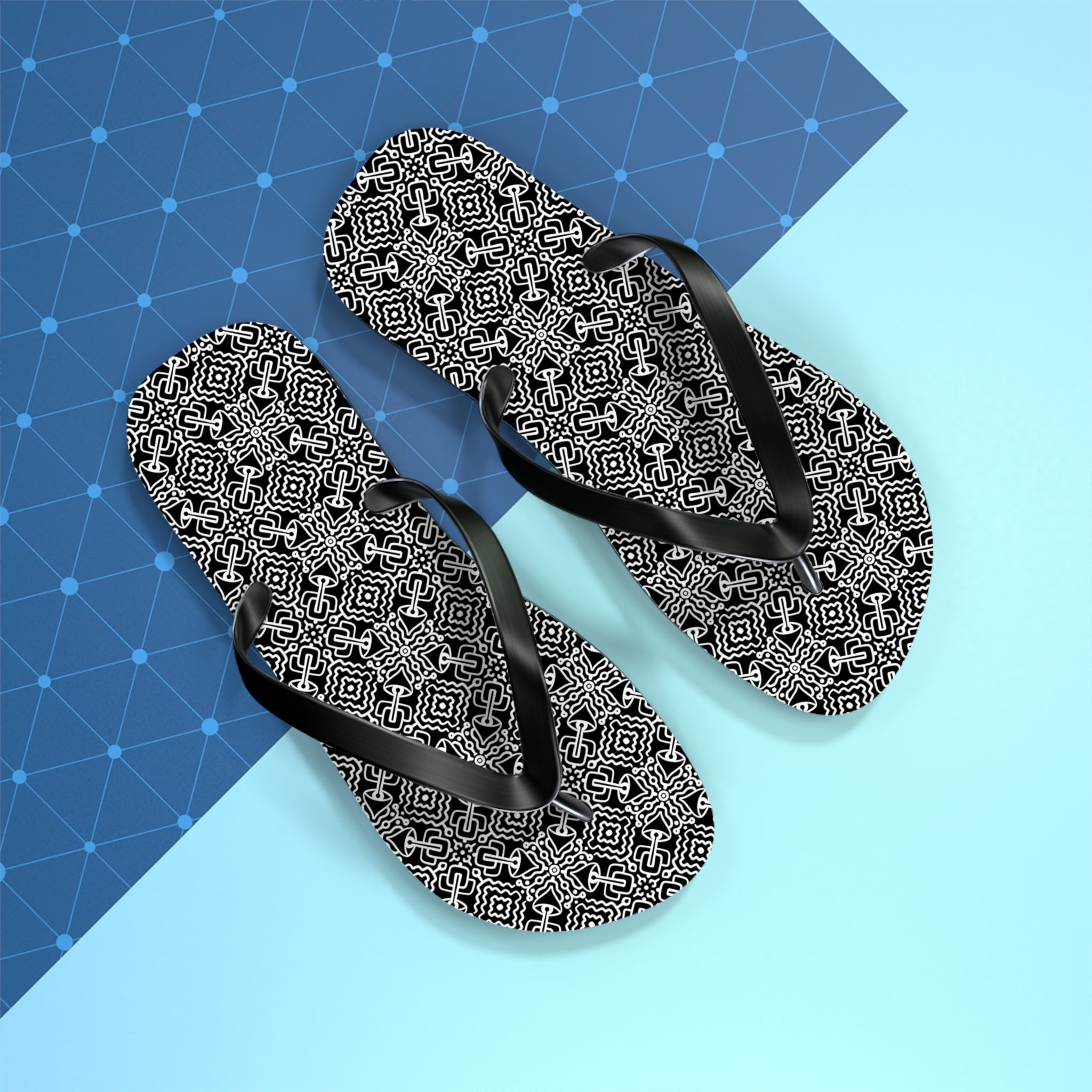 Monochrome Geometric Flip Flops — Black & White Aztec Pattern Beach Sandals #d98646