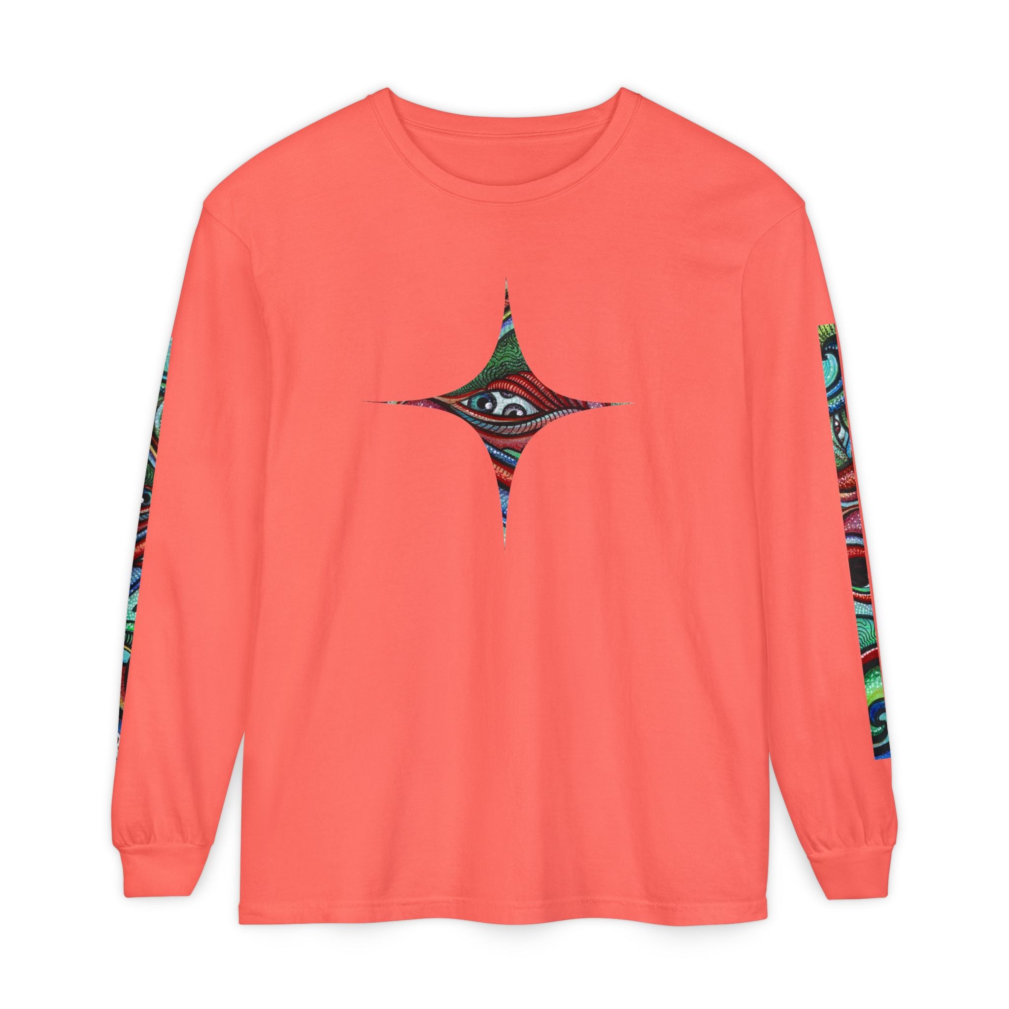 Psychedelic Starburst Long Sleeve Tee — Colorful Eye & Sleeve Stripe Design #k976344