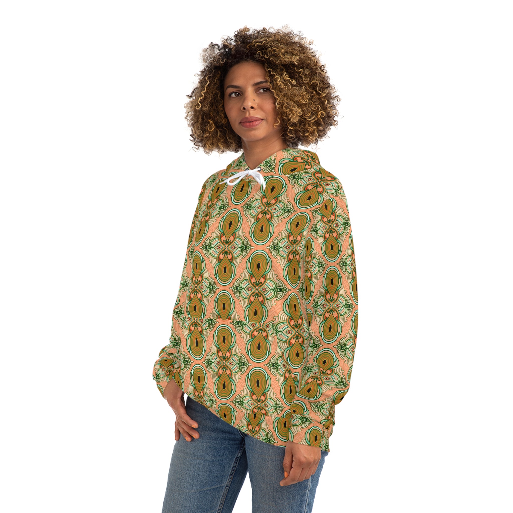 Retro Floral Pattern Hoodie — Green Orange All-Over Print Fashion Hoodie #g000635