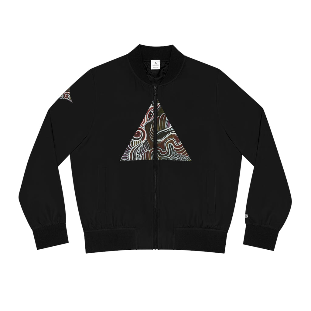 Women’s Black Bomber Jacket with Geometric Tribal Triangle Print #wbb215