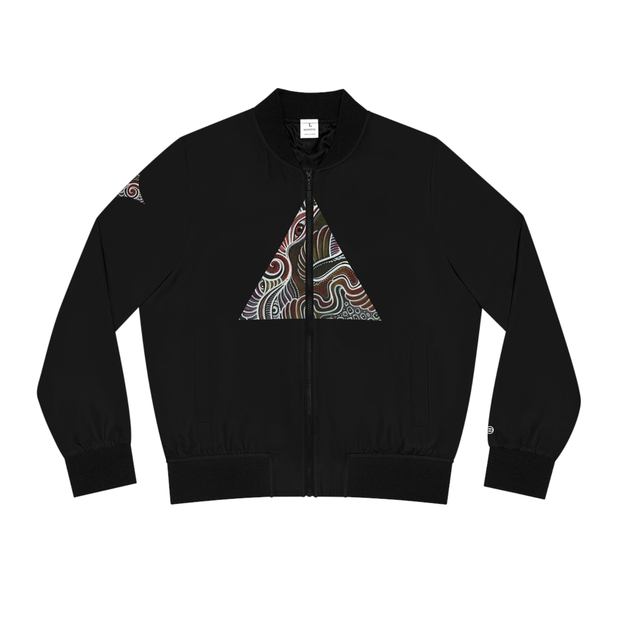 Women’s Black Bomber Jacket with Geometric Tribal Triangle Print #wbb215