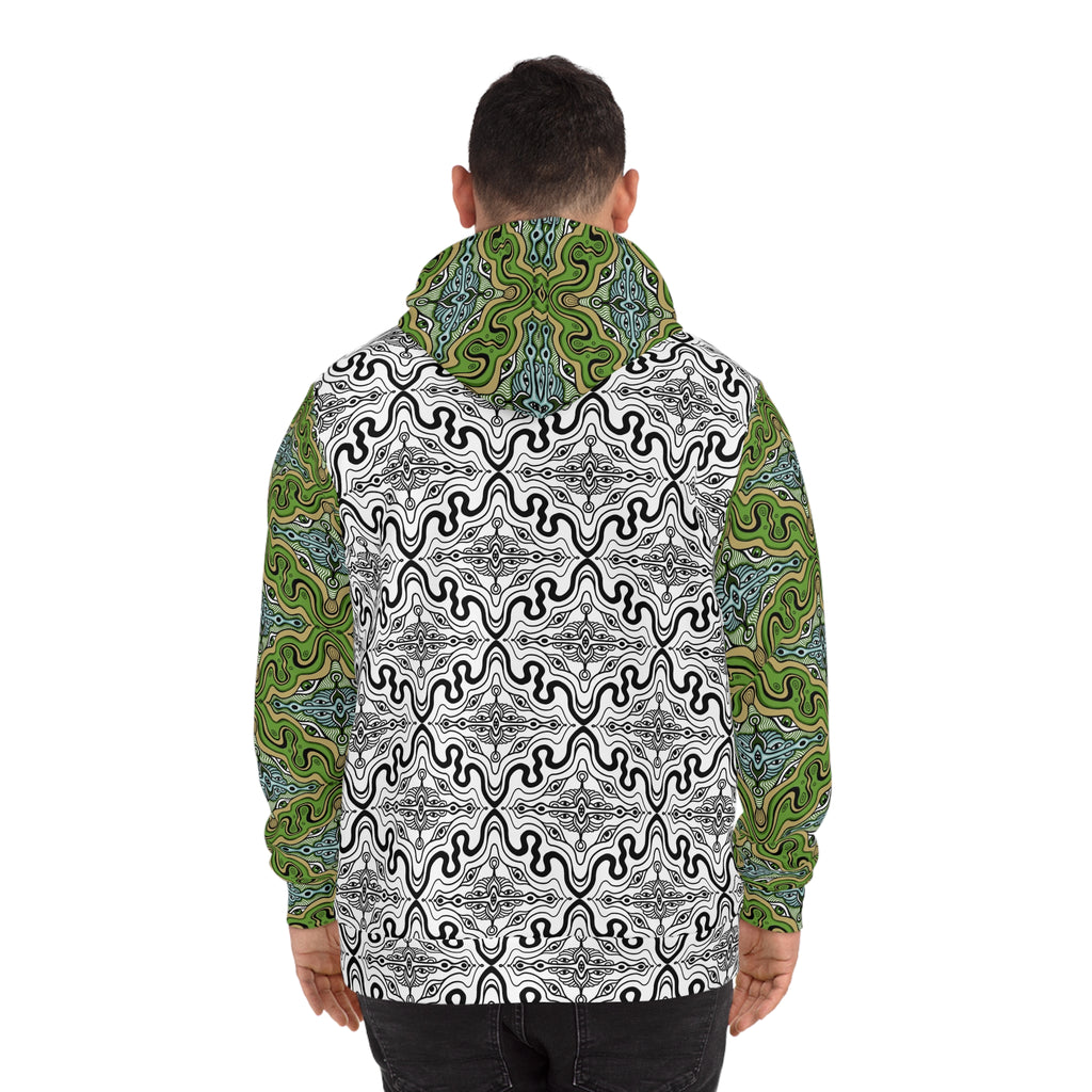 Green Psychedelic Pattern Hoodie — All-Over Print Abstract Hooded Sweatshirt #g98765346