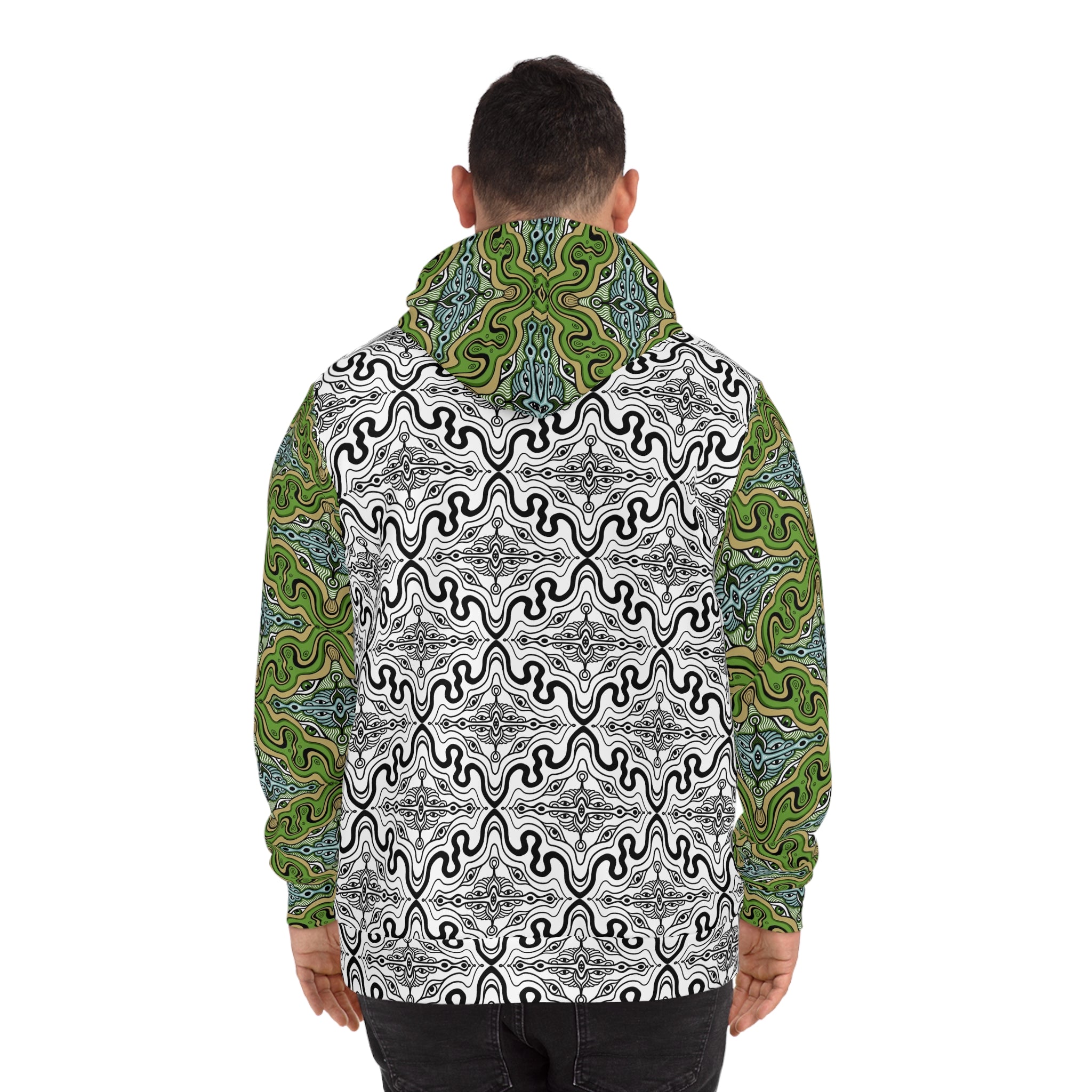 Green Psychedelic Pattern Hoodie — All-Over Print Abstract Hooded Sweatshirt #g98765346