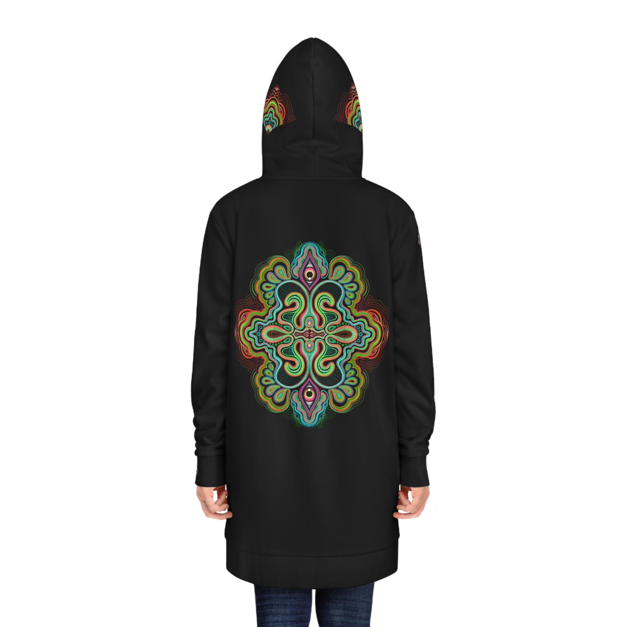 Mandala Glow Hoodie Dress - Women's Black AOP Pullover #hd4